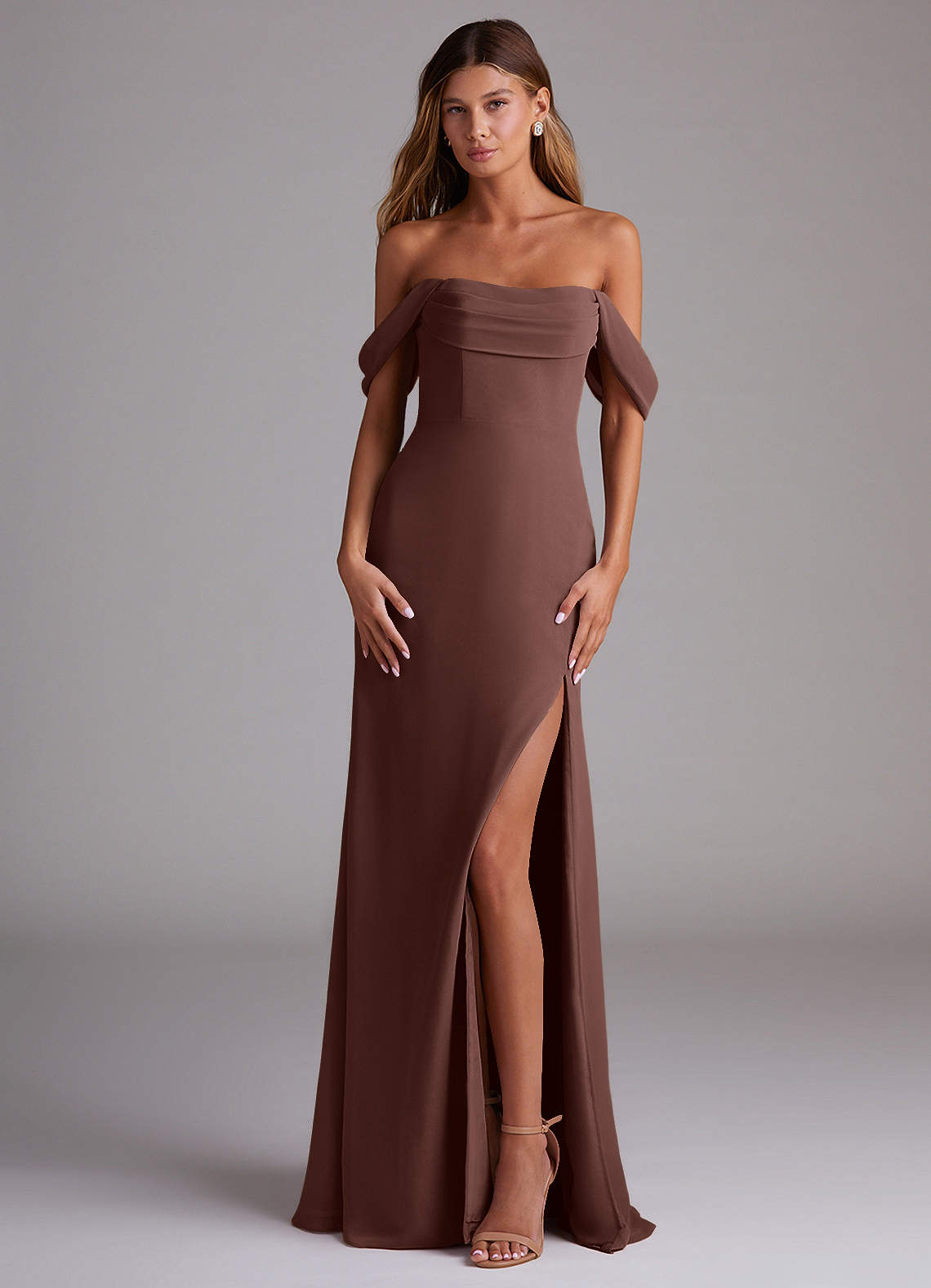 Azazie Saige Bridesmaid Dresses Espresso A-Line Off the Shoulder Chiffon Convertible Dress image1
