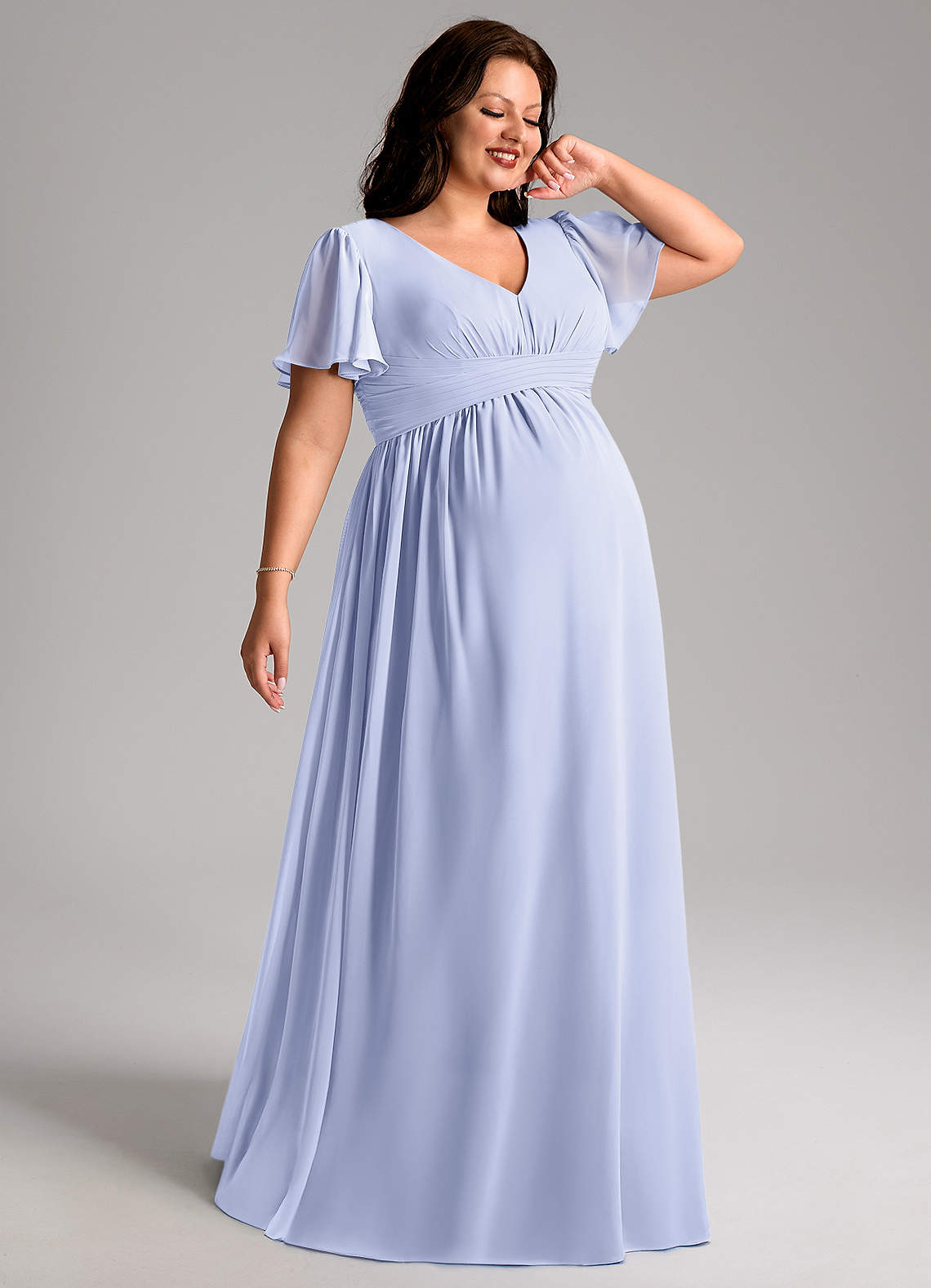 Azazie Verna Robes de demoiselle d'honneur de maternité Robe Trapèze Col V froncé Longueur ras du sol Mousseline de soie image1