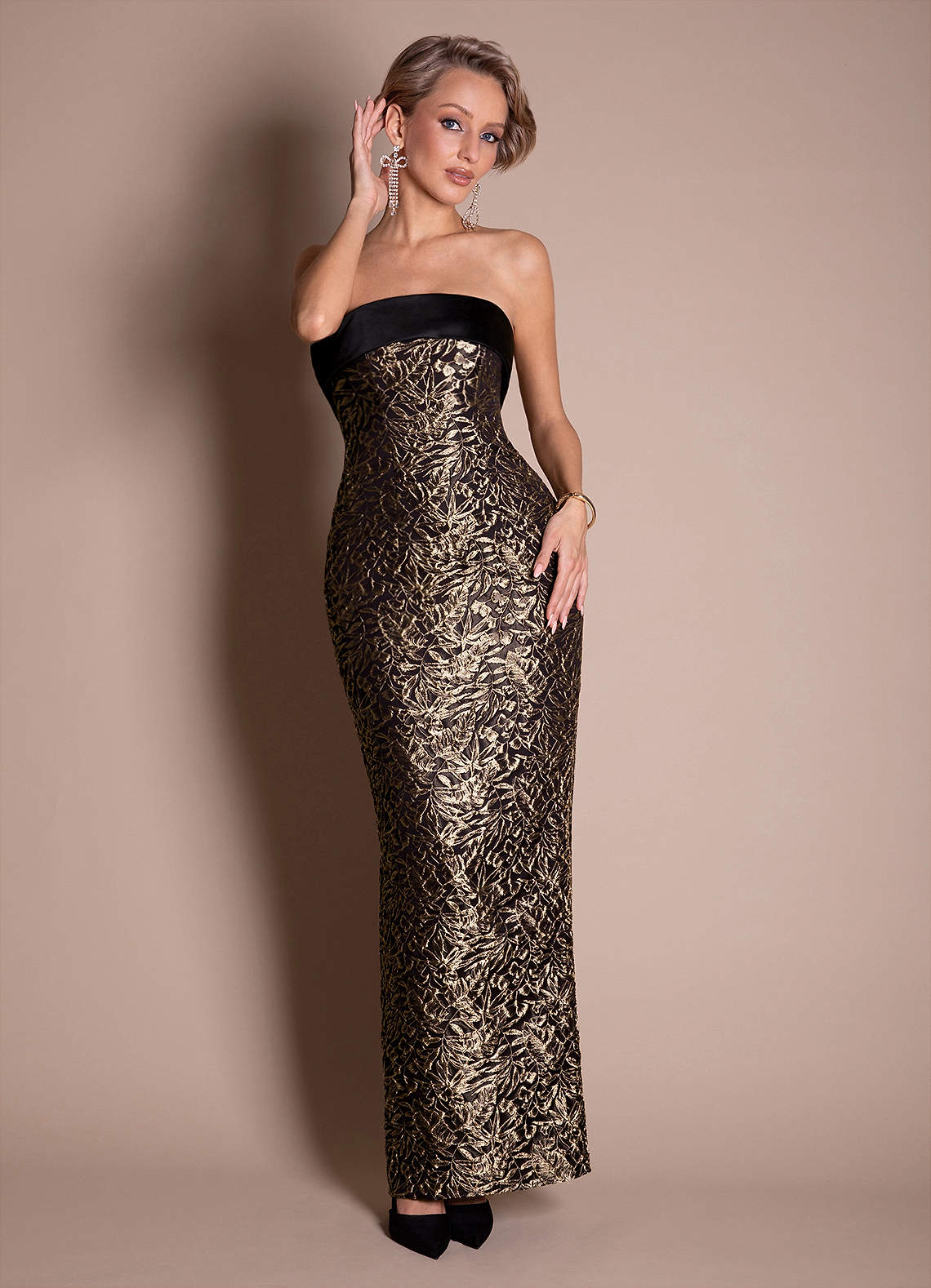 champagne long sleeve sequin dress LaDivine B8422 Prom Dress - Burgundy main image 0