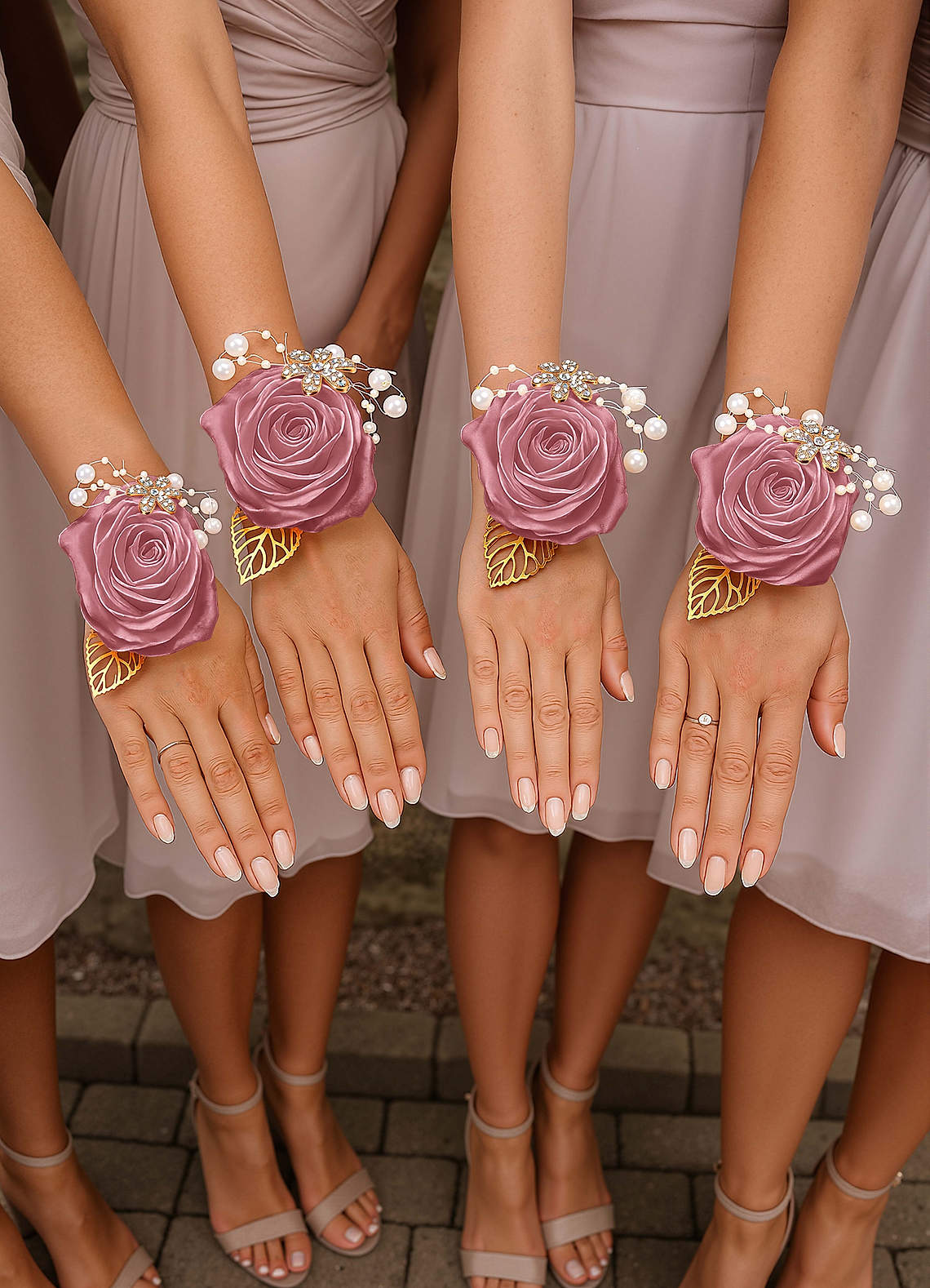 front 3PC Matching Color Bridesmaids Wrist Corsage with Pearl Bracelet