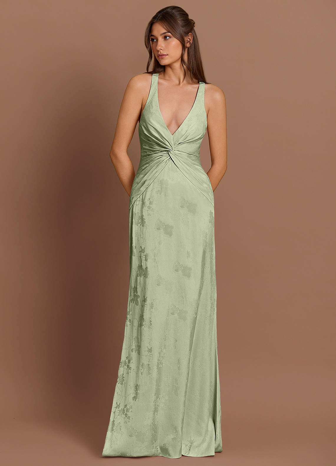 Azazie Plus Size V Neck Column Ruffles Floor-Length Maxi Wedding Guest Formal Dresses in Light Green