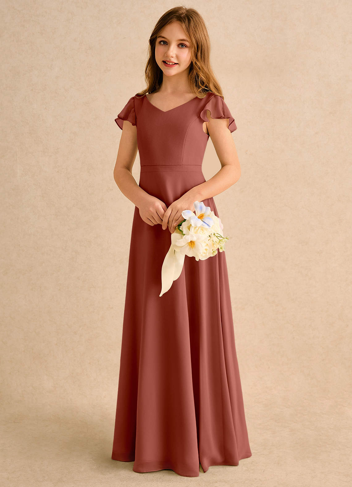 Azazie Nari Girls Formal Vestidos de florista Vestido Castanho Aloirado de Chiffon de Linha A com com Mangas image2