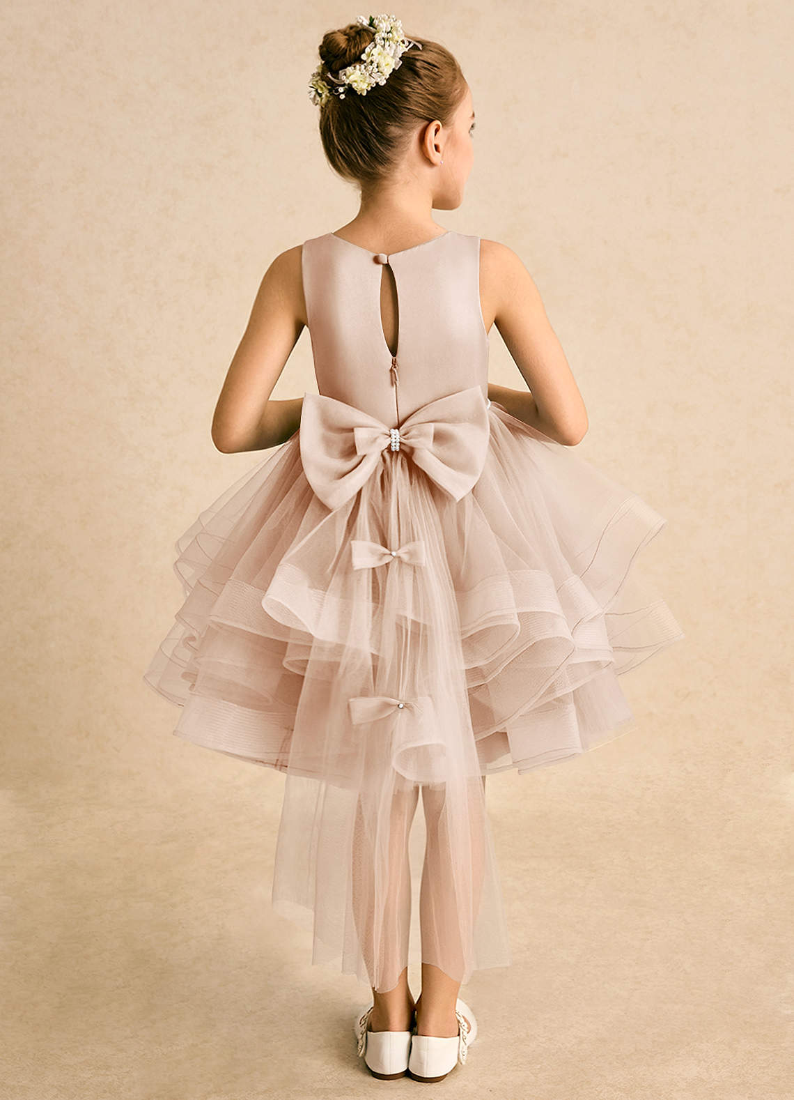 Azazie Tinie Blumenmädchenkleider Ballkleid Schleifen Tüll Kleid Englisches Rosa image1