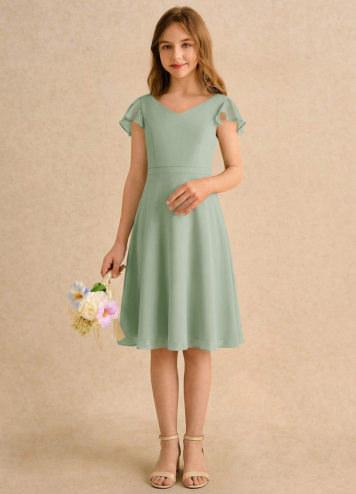 Azazie Narin Girls Formal Flower Girl Klänningar Klä A-Line i Chiffong med ärmar image2