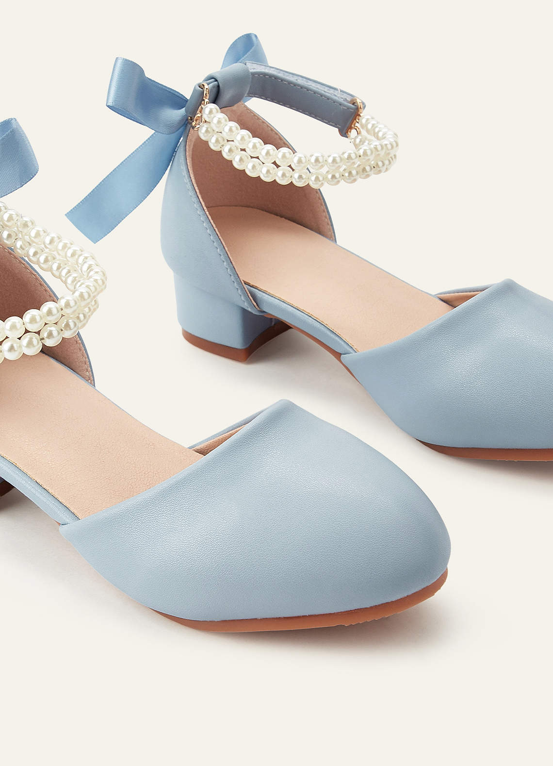 front Satin Bow Pearl Strap Girl's Block Heels for Little & Big Kids