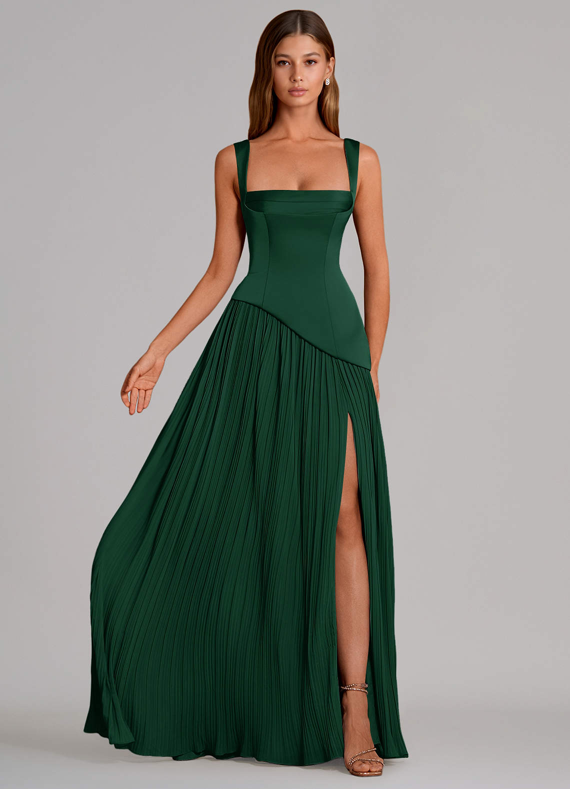 Azazie Stephanie Vestidos de damas de honor Vestido de Verde Oscuro de Satén Elástico de Corte en A con Plisado image3