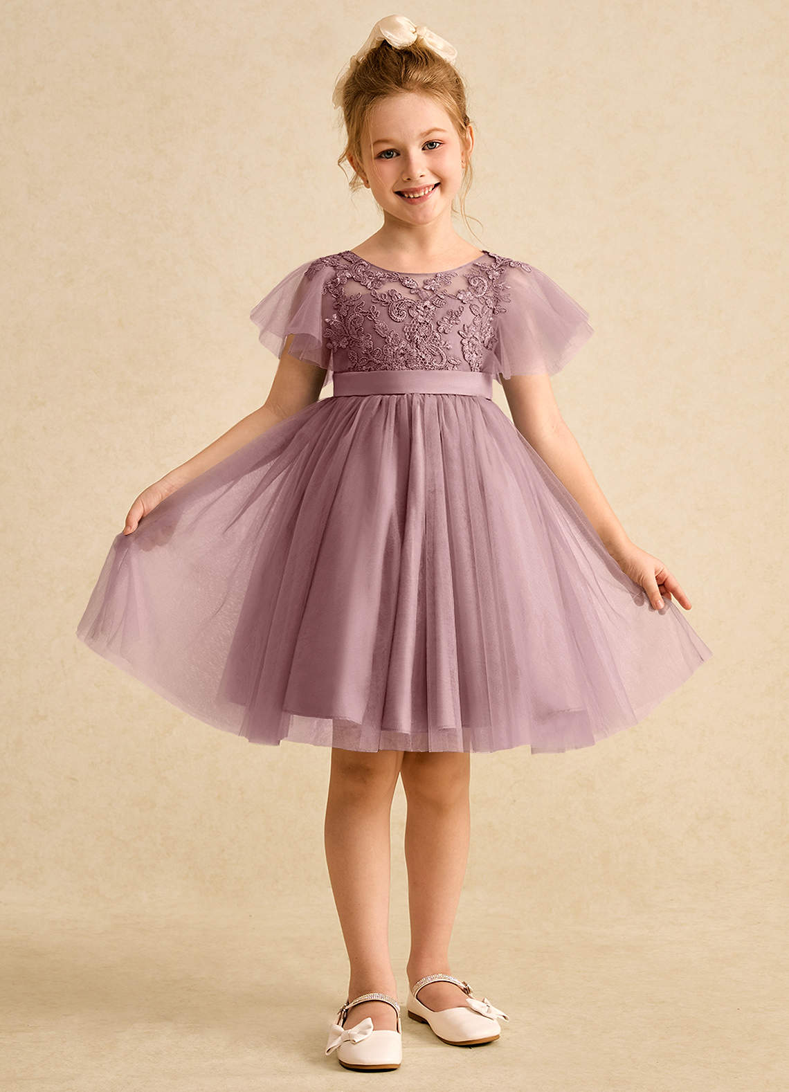 Azazie Queenie Flower Girl Dresses Dusty Rose A-Line Lace Dress image1