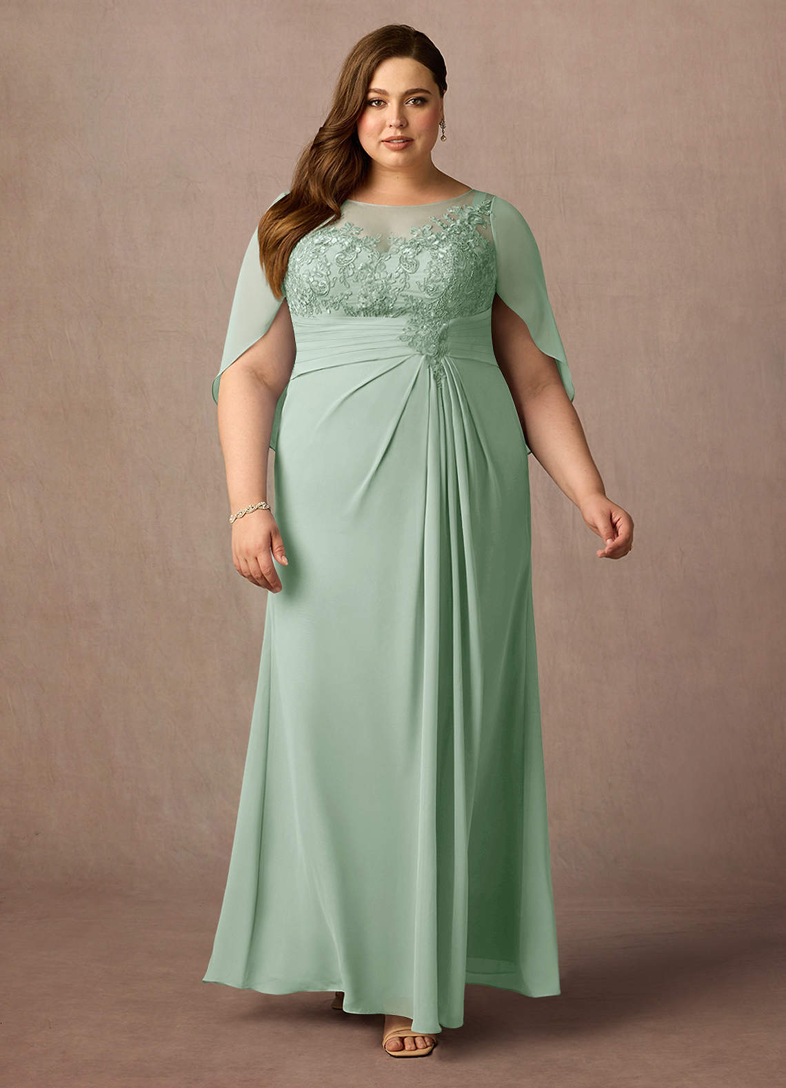Azazie Hera vestidos de madre de la novia Vestido de Agave de Gasa de Corte En A con Capa de encaje image5