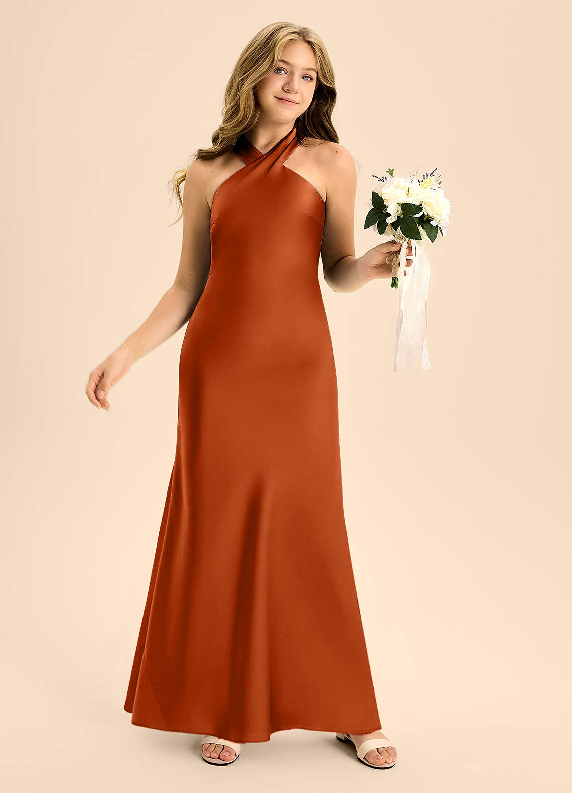 Azazie Doretta Junior Burnt Orange A-Line Pleated Stretch Satin Dress image4