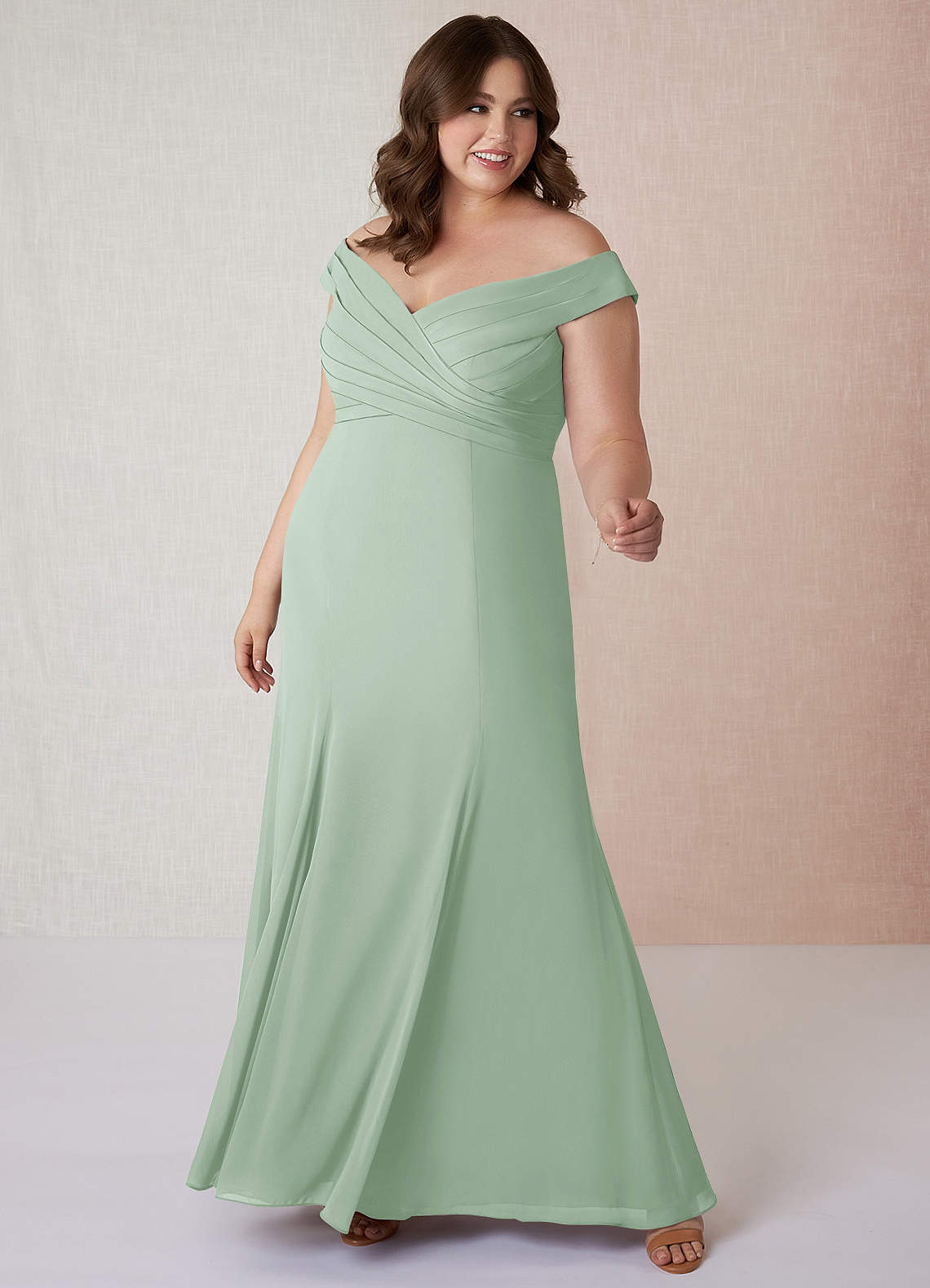 Azazie Lecia Bridesmaid Dresses Agave Empire Off-The-Shoulder Pleated Chiffon Convertible Dress image1