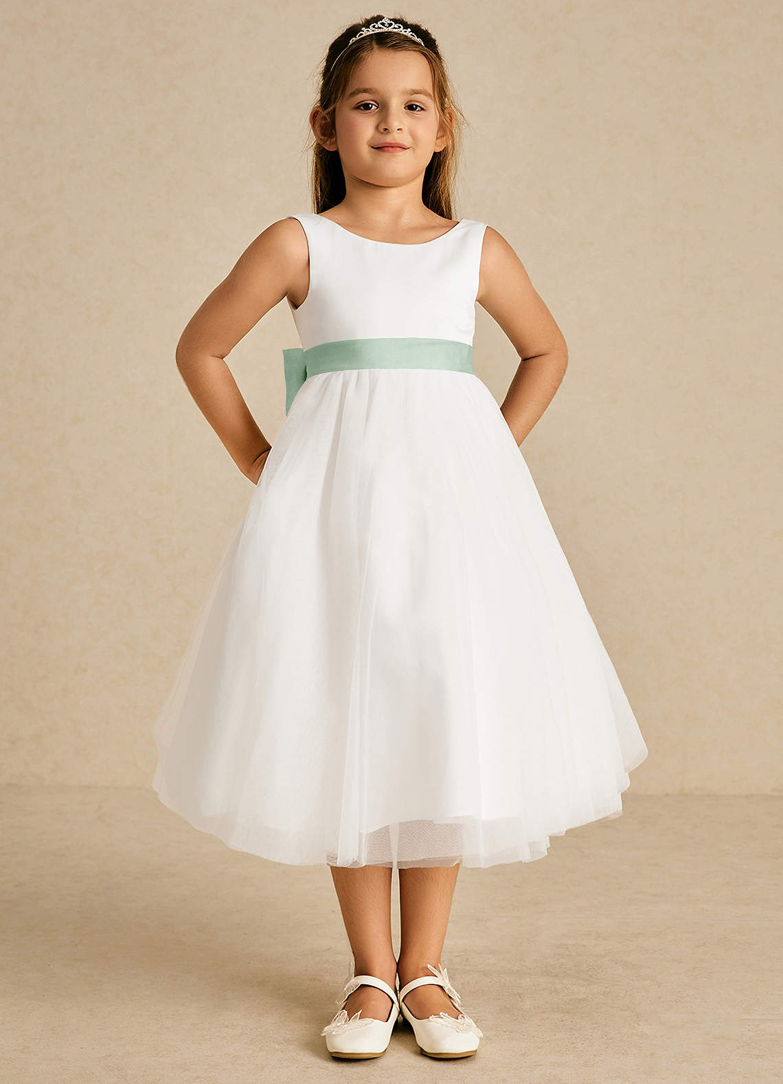 Azazie Kavi Flower Girl Dresses Ivory Agave A-Line Bow Matte Satin Dress image1