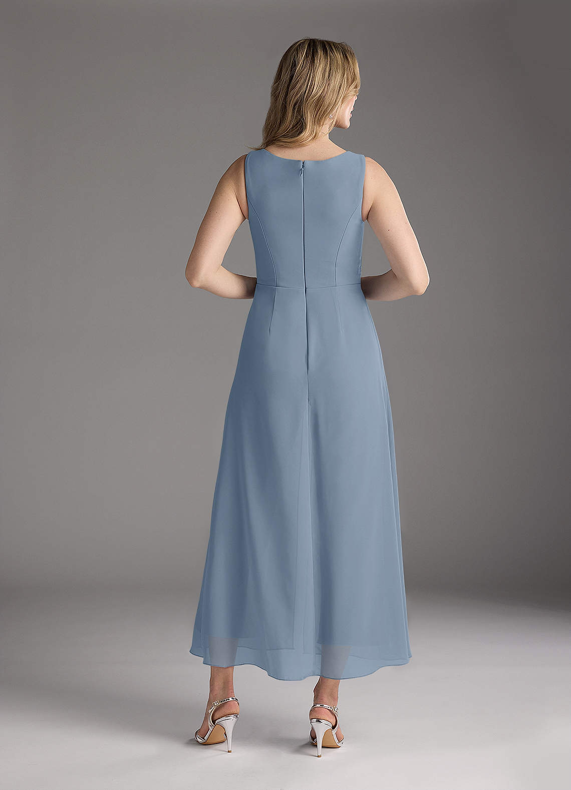 Azazie Anitta At-home Try On Dresses Dusty Blue Jumpsuit/Pantsuit Pleated Stretch Crepe Dress image5