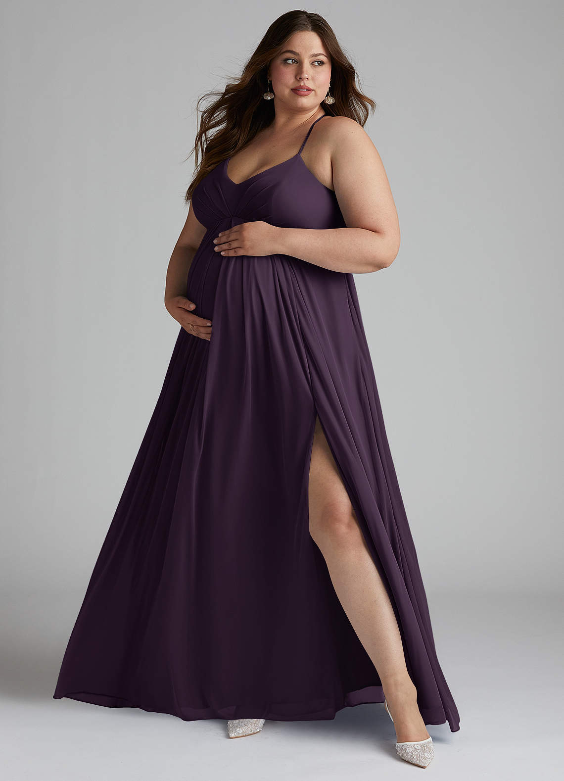 Azazie Annabelle Maternity Bridesmaid Dresses A-Line V-Neck Pleated Mesh Floor-Length Dress image1