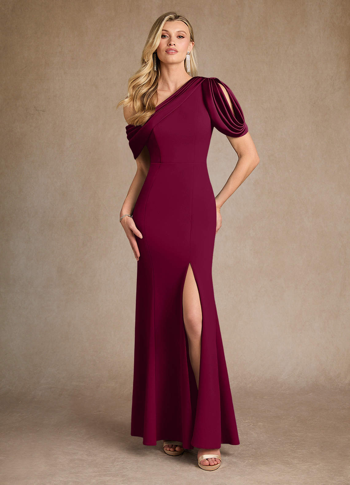 Azazie Paris Mother of the Bride Dresses Burgundy Mermaid Pleated Stretch Crepe Dress image1