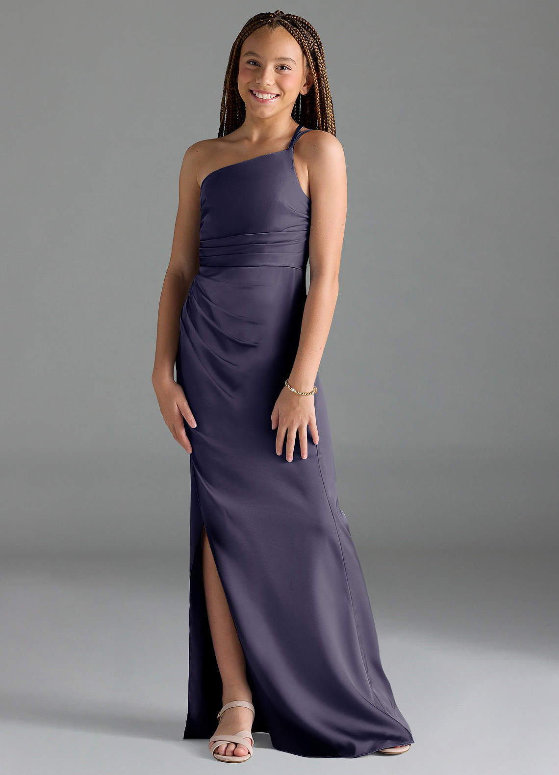 Azazie Eren Junior Stormy Sheath Pleated Stretch Satin Dress image1