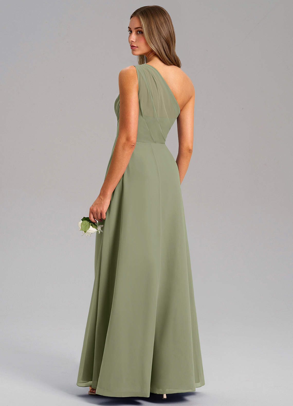 Azazie Phaedra Vestidos de madrinha de casamento Vestido Pistache de Chiffon de Linha A com Um ombro image6