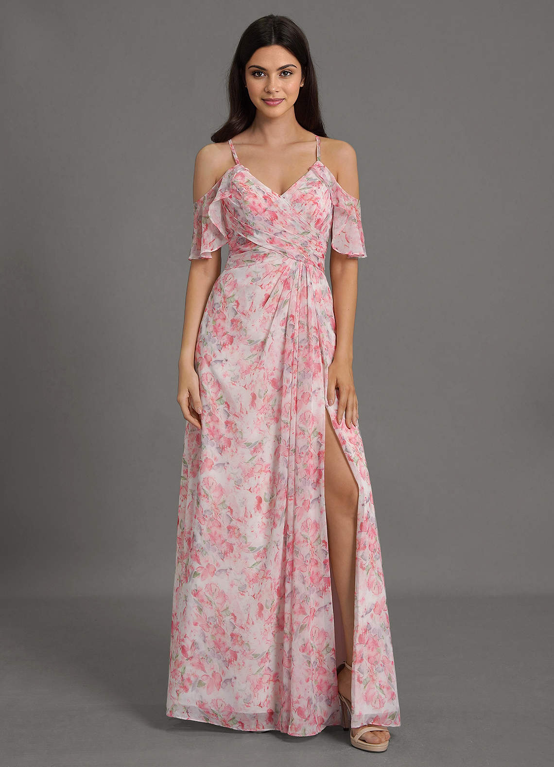 Azazie Dakota Bridesmaid Dresses Abstract Watercolor Floral A-Line V-Neck Pleated Chiffon Dress image1