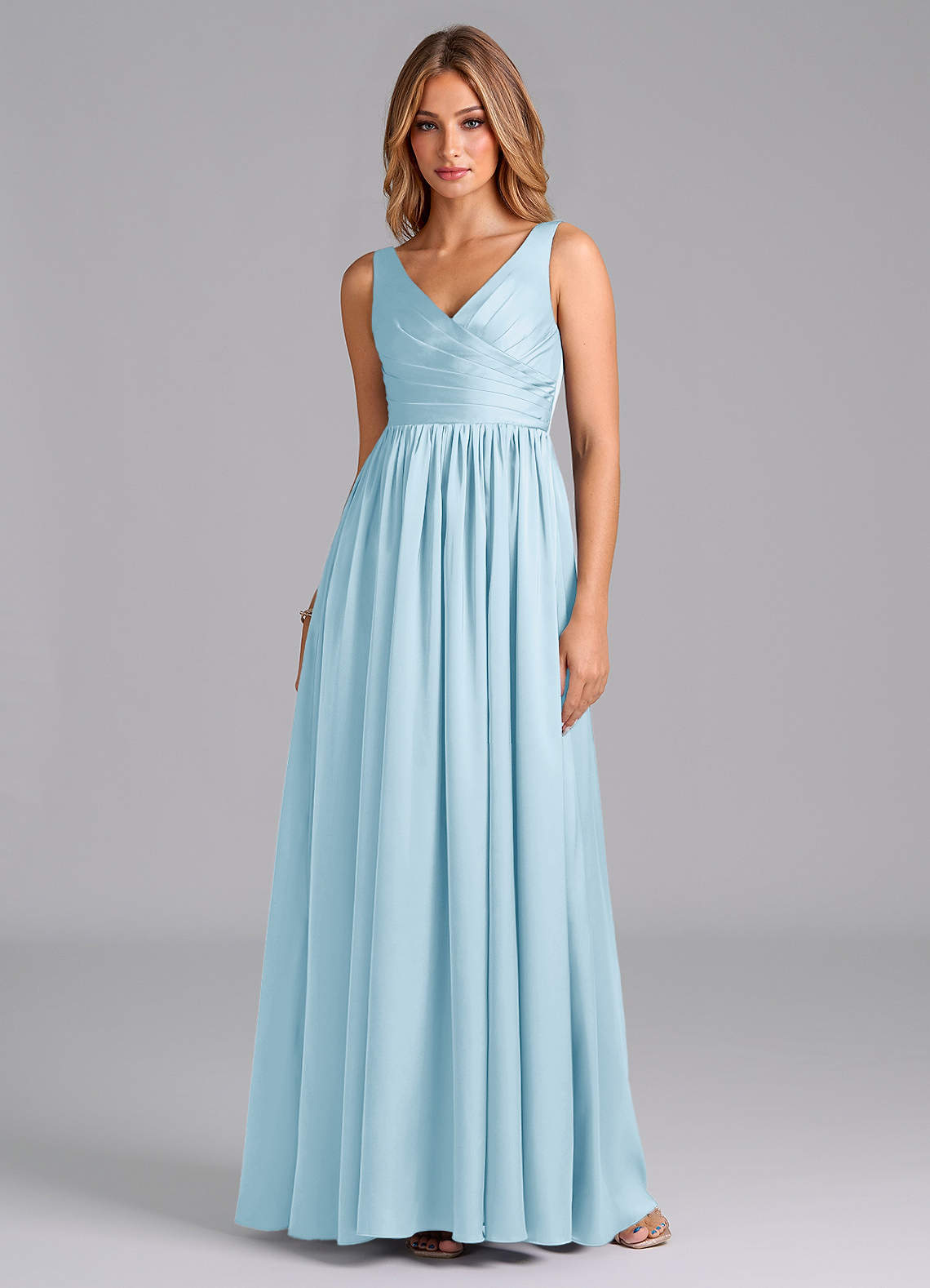 Azazie Keyla Vestidos de damas de honor Vestido de Azul Cielo de Satén Elástico de Corte en A con Plisado image1