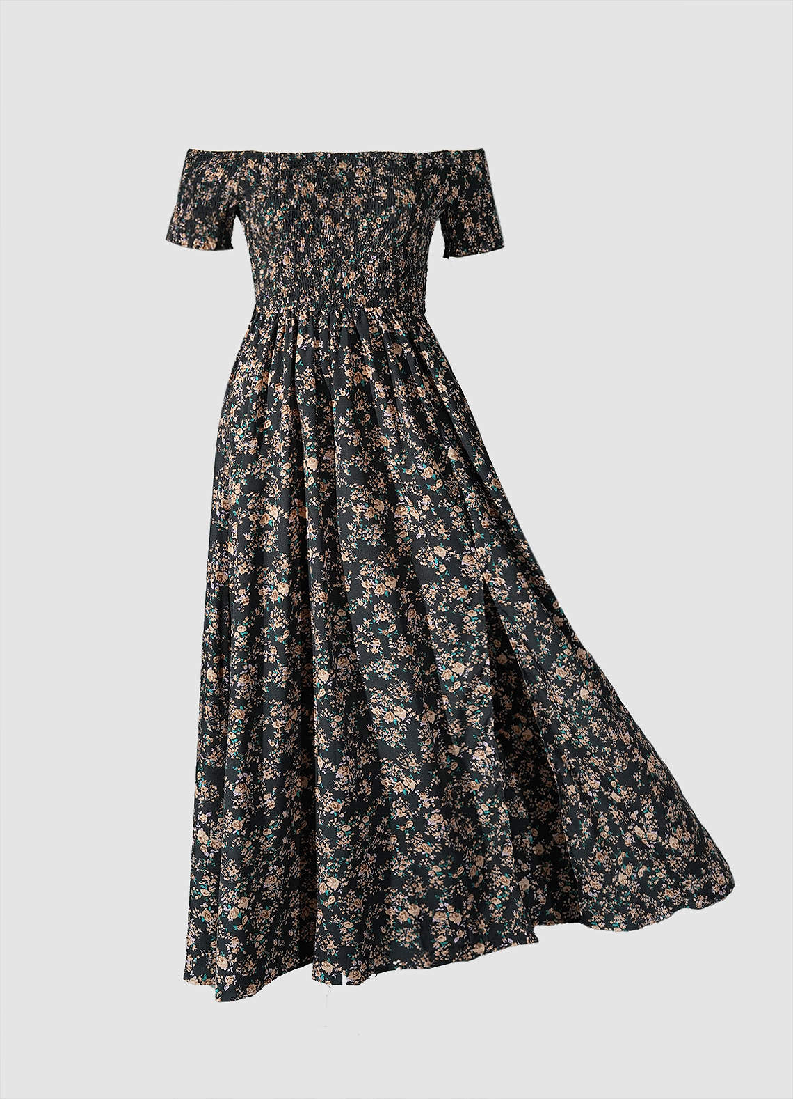 Black Davie Black Floral Print Off-The-Shoulder Smocked Maxi Dress