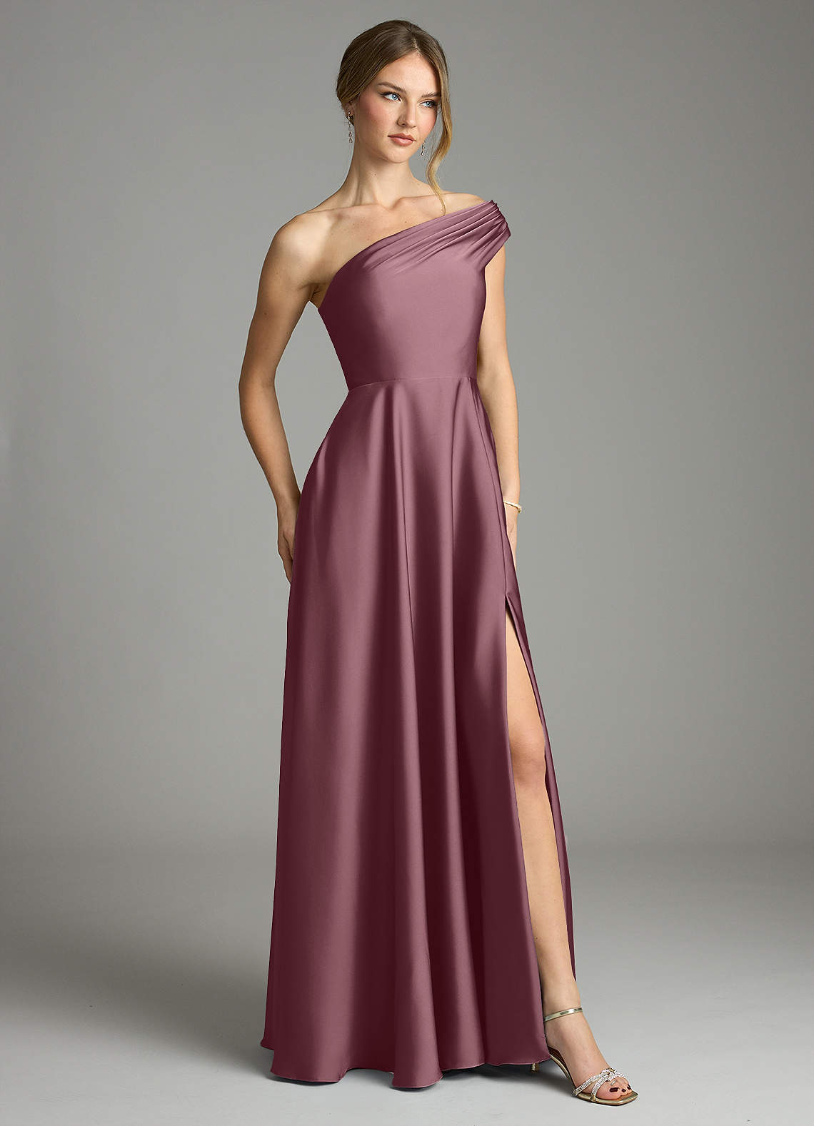 Azazie Melanie At-home Try On Dresses Amethyst A-Line Off the Shoulder Stretch Satin Dress image4