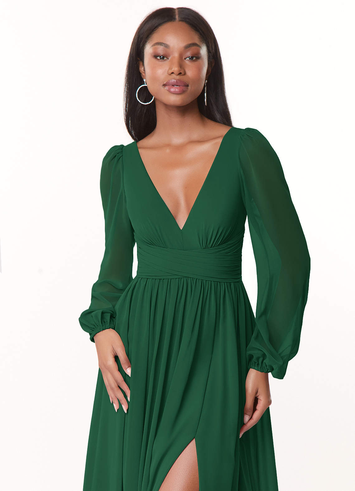 Azazie Norah Bridesmaid Dresses Dark Green A-Line V-Neck Long Sleeve Chiffon Dress image4