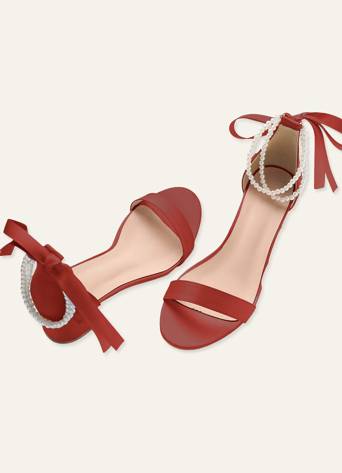 front Matching Color Matte Satin Pearl and Bow Open Toe Chunky Heel Sandals