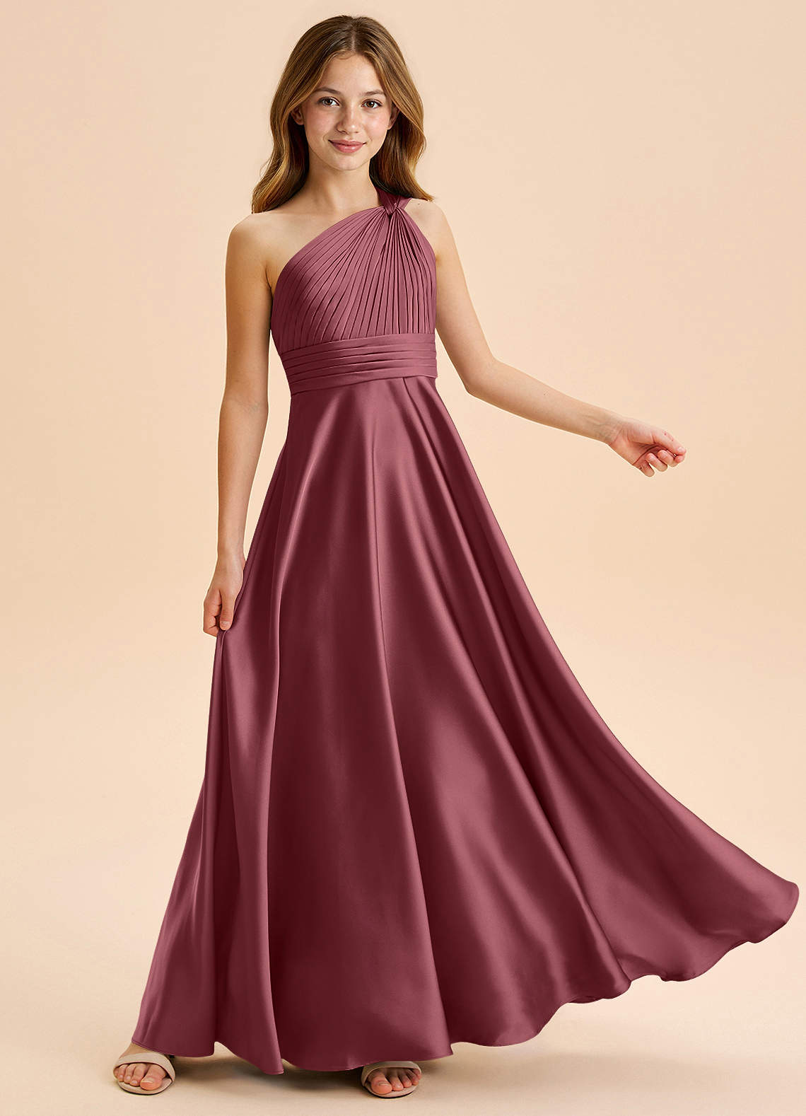 Azazie Charlize Junior Jurk van Stretch Satijn met A-Lijn Geplooid Woestijnroos image4