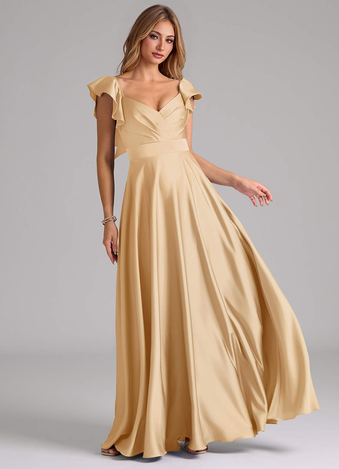 Azazie Leilani Bridesmaid Dresses Gold A-Line Ruched Stretch Satin Dress image1