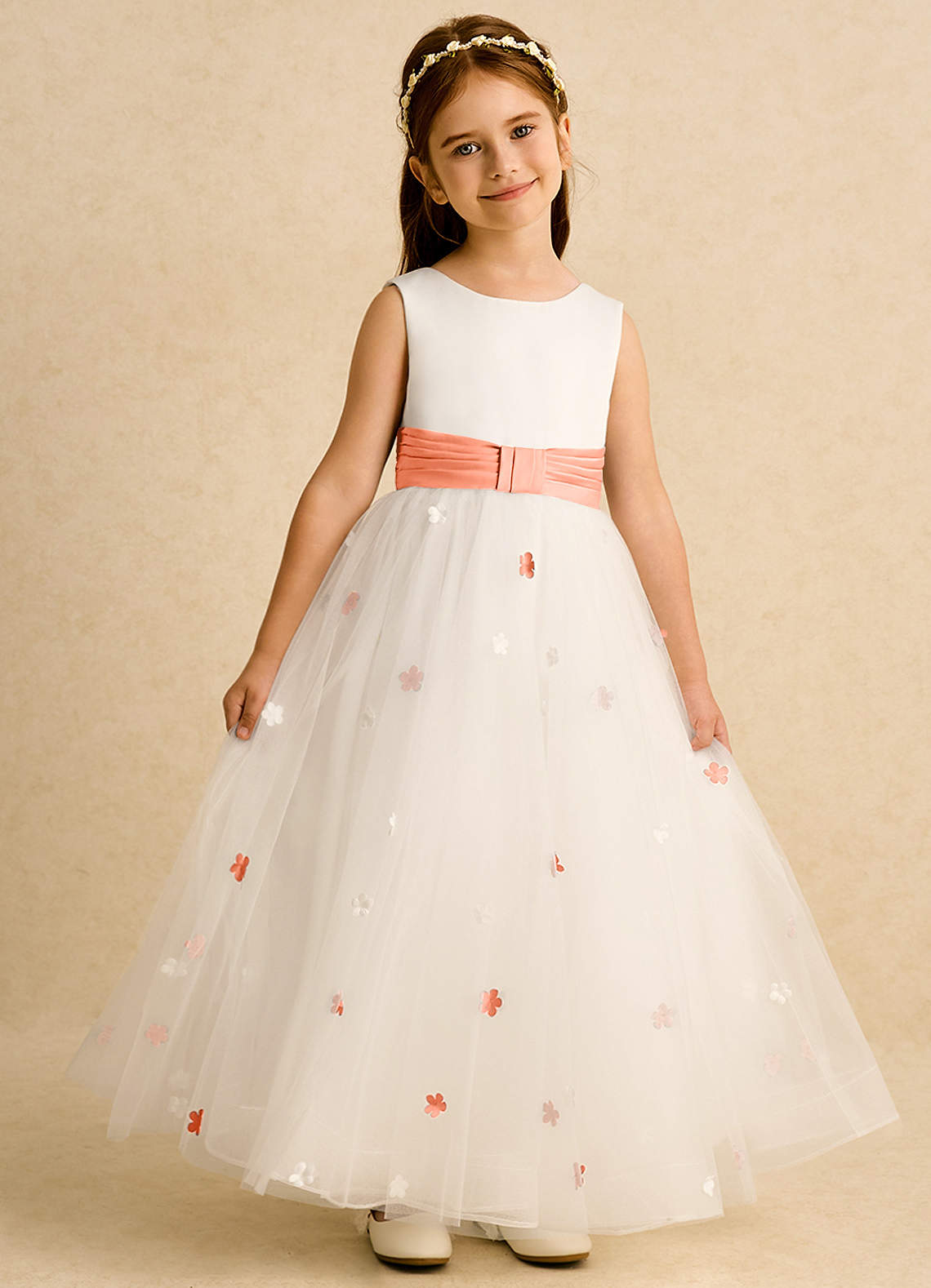 Azazie Cricket vestidos de niña de las flores Vestido de Marfil Ocaso de Satin Mate de Princesa con Plisado image1