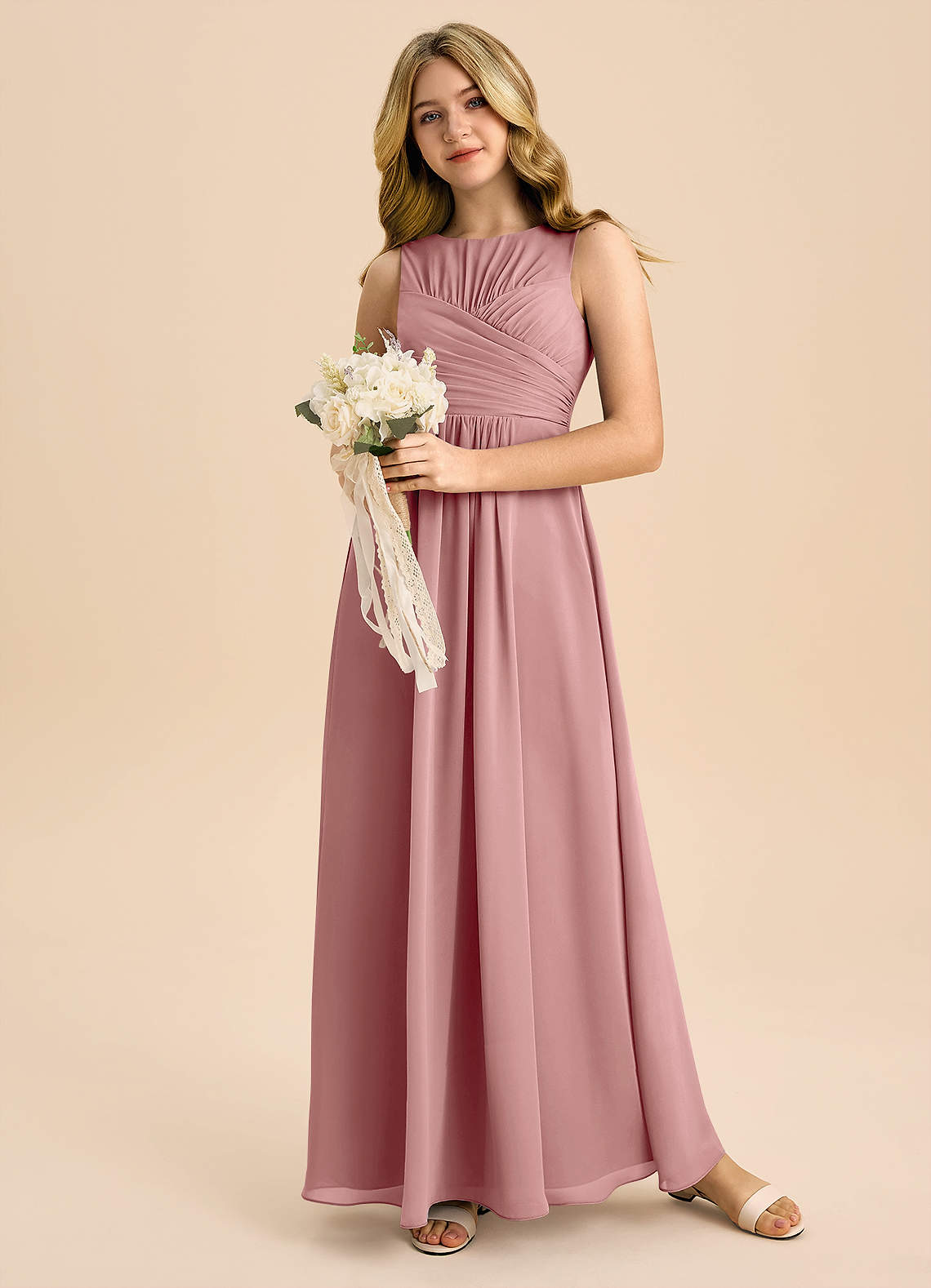 Azazie Skyla Junior A-Line Plisseret Chiffon Gulv-længde Junior brudepige Kjole image4