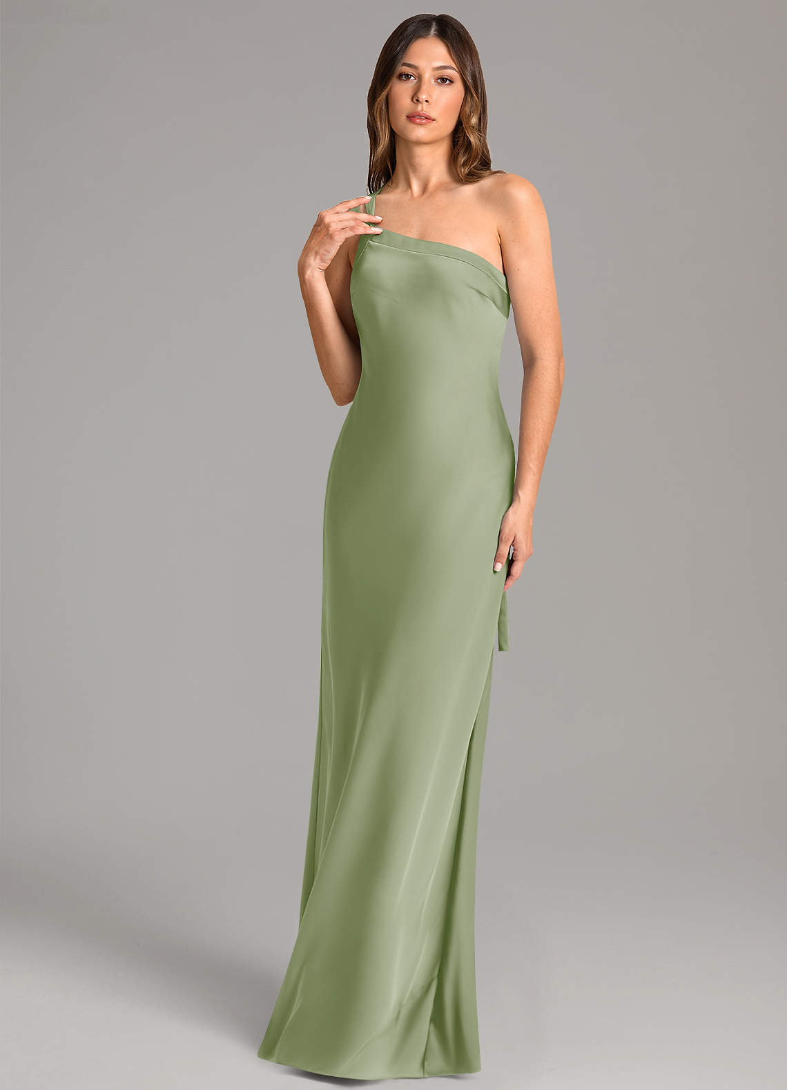 Azazie Monroe Bridesmaid Dresses Dusty Sage Mermaid One Shoulder Stretch Satin Dress image1