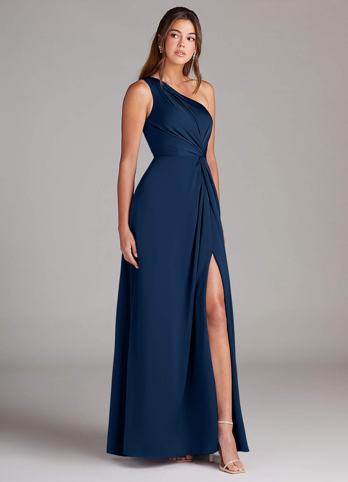 Azazie Brooke Bridesmaid Dresses Dark Navy A-Line One Shoulder Stretch Satin Dress image3