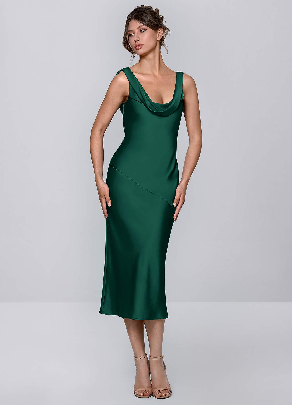 hunter green sheath dress Inez Cowl Satin Tie-Back Midi gown