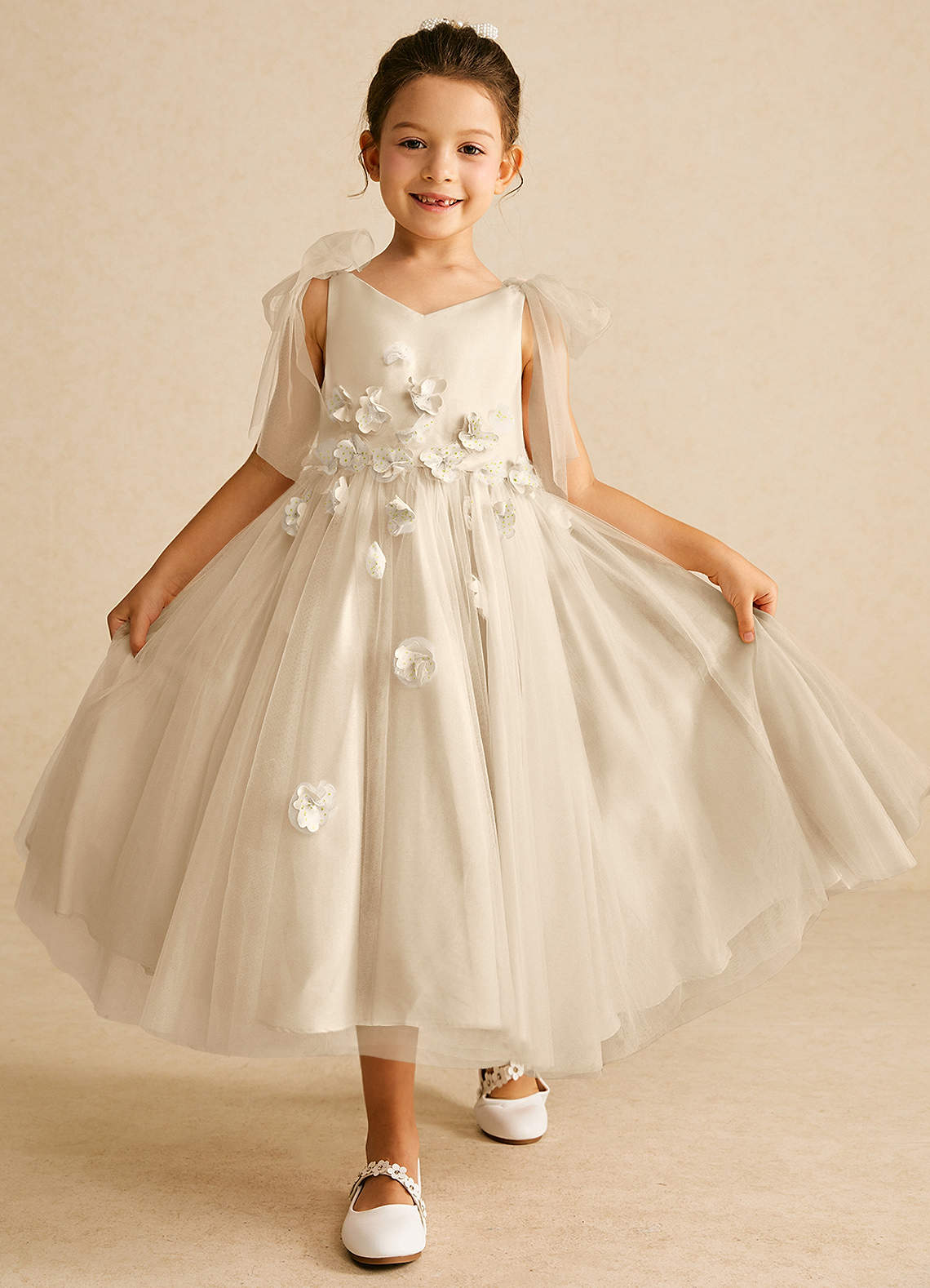 Azazie Minia Flower Girl Dresses Champagne A-Line Bow Matte Satin Dress image1
