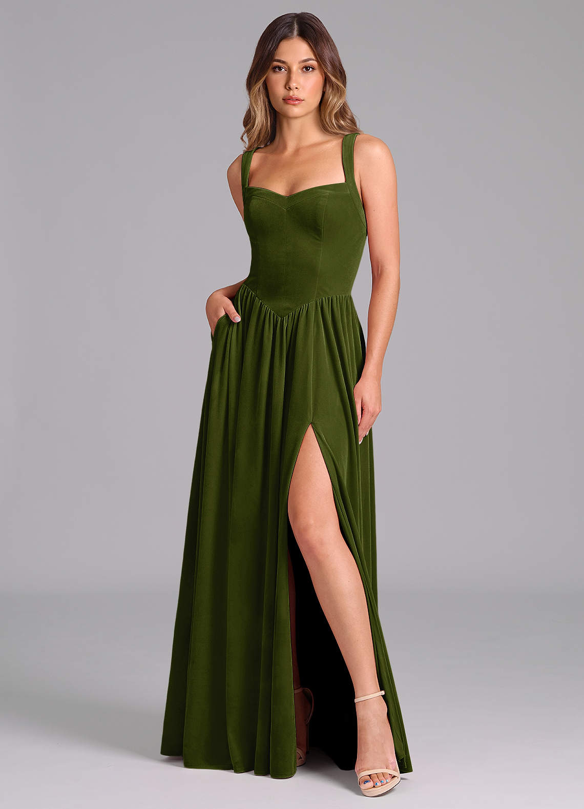 olive green velvet bridesmaid dresses Halter Sleeveless Velvet Bridesmaid Dresses with Slit