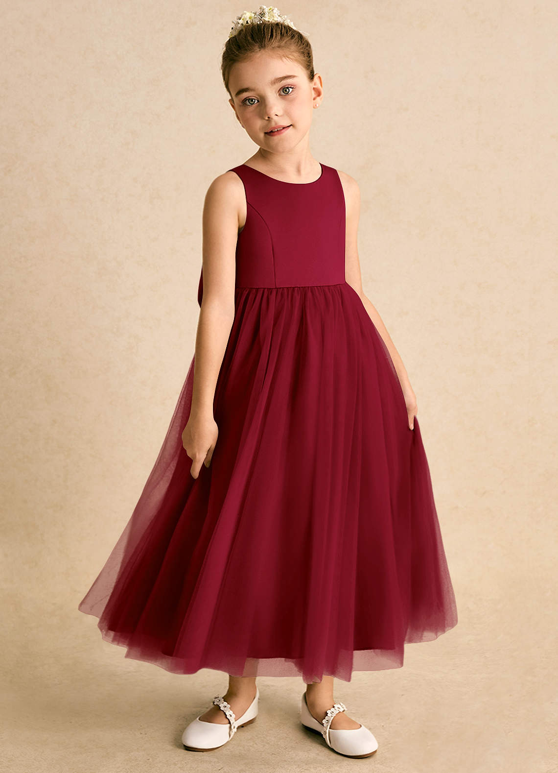 Azazie Solia Robe Demoiselle D'honneur Fillette Robe Princesse en Tulle Arc Bourgogne image3