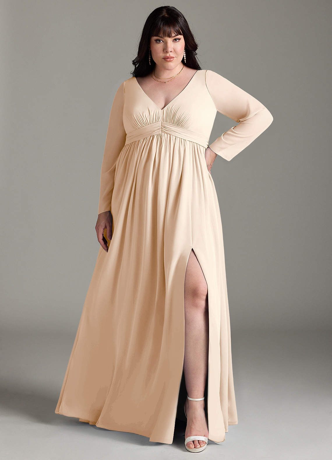 Azazie Teton At-home Try On Dresses A-Line Long Sleeve Chiffon Floor-Length Dress image6