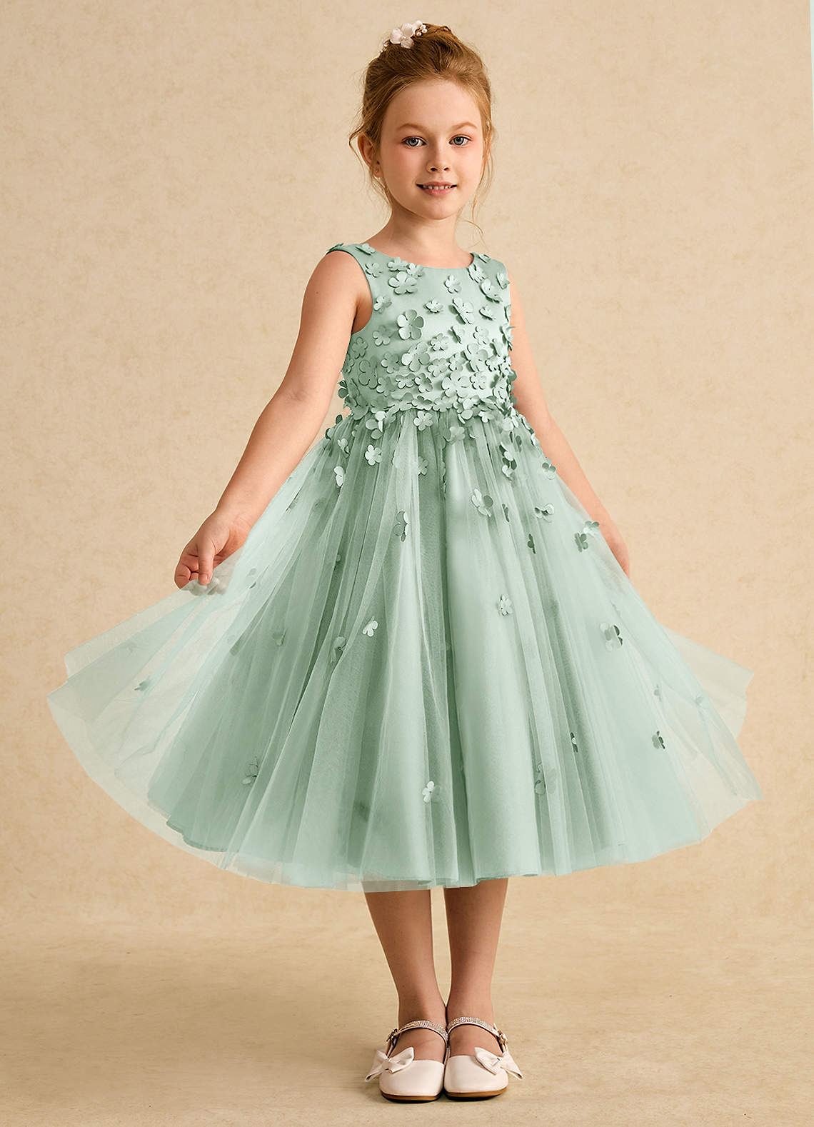 Azazie Lana Flower Girl Dresses Agave A-Line Sleeveless Matte Satin Dress image4