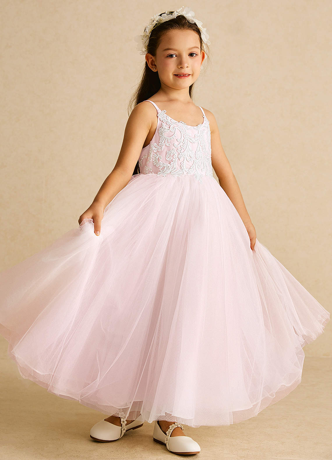 Azazie Buttercup Robe Demoiselle D'honneur Fillette Robe Trapèze en Tulle Dentelle Ivoire Rose Rougissant image1