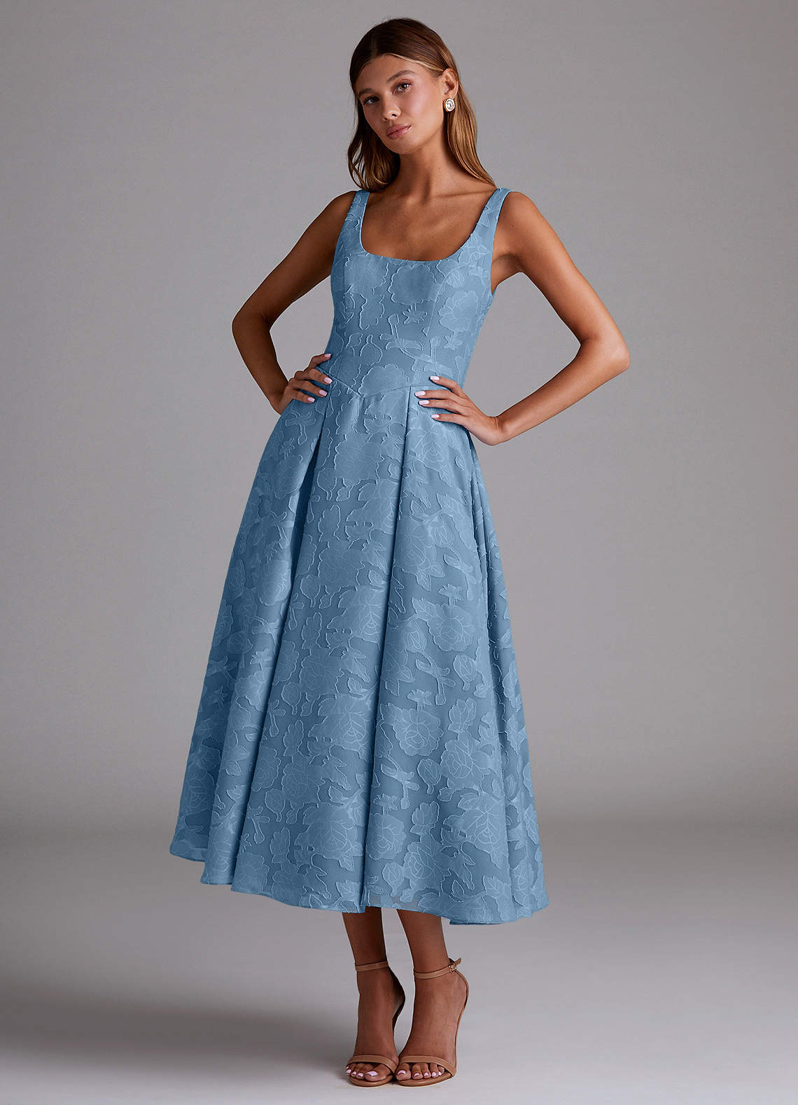 Azazie Amalie Bridesmaid Dresses Steel Blue A-Line Pleated Floral Burnout Dress image1
