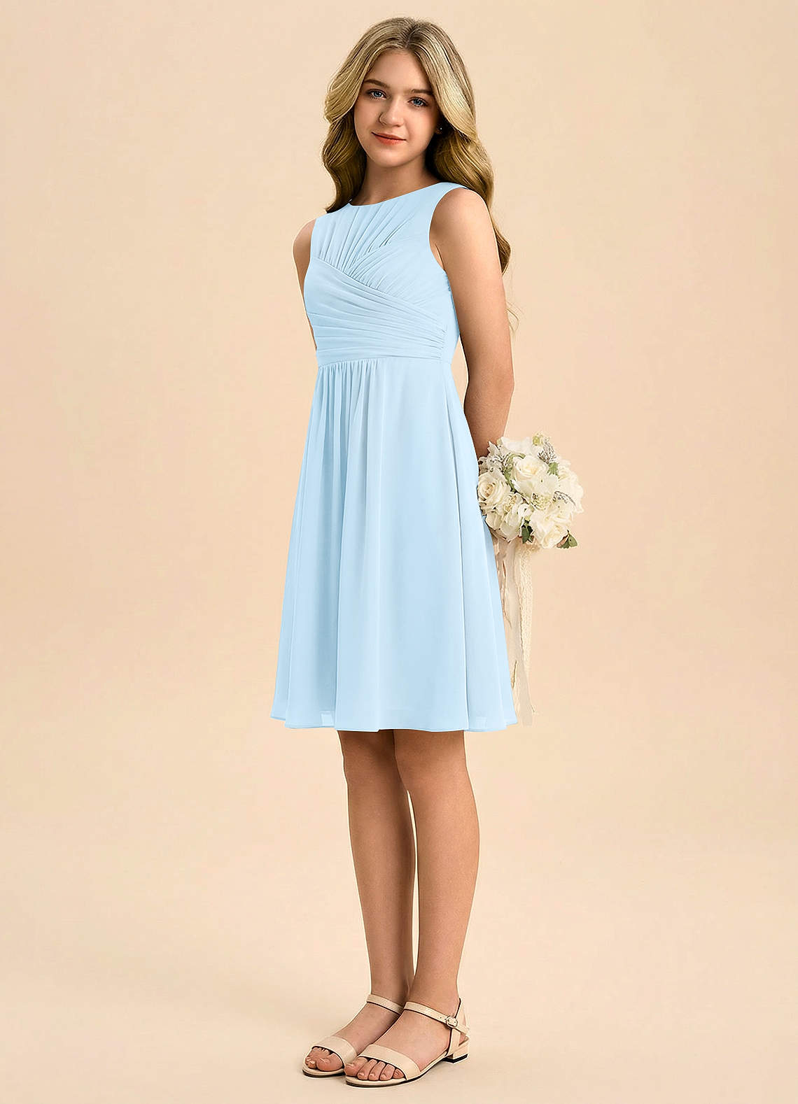 Azazie Skyla Junior A-Line Plisseret Chiffon Mini Junior brudepige Kjole image3