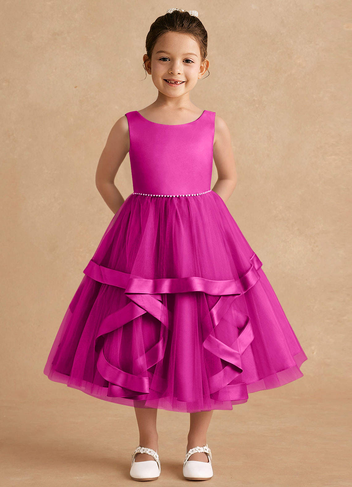 Azazie Posy Blumenmädchenkleider A-Linie Mit Perlen Tüll Kleid Fuchsia image1