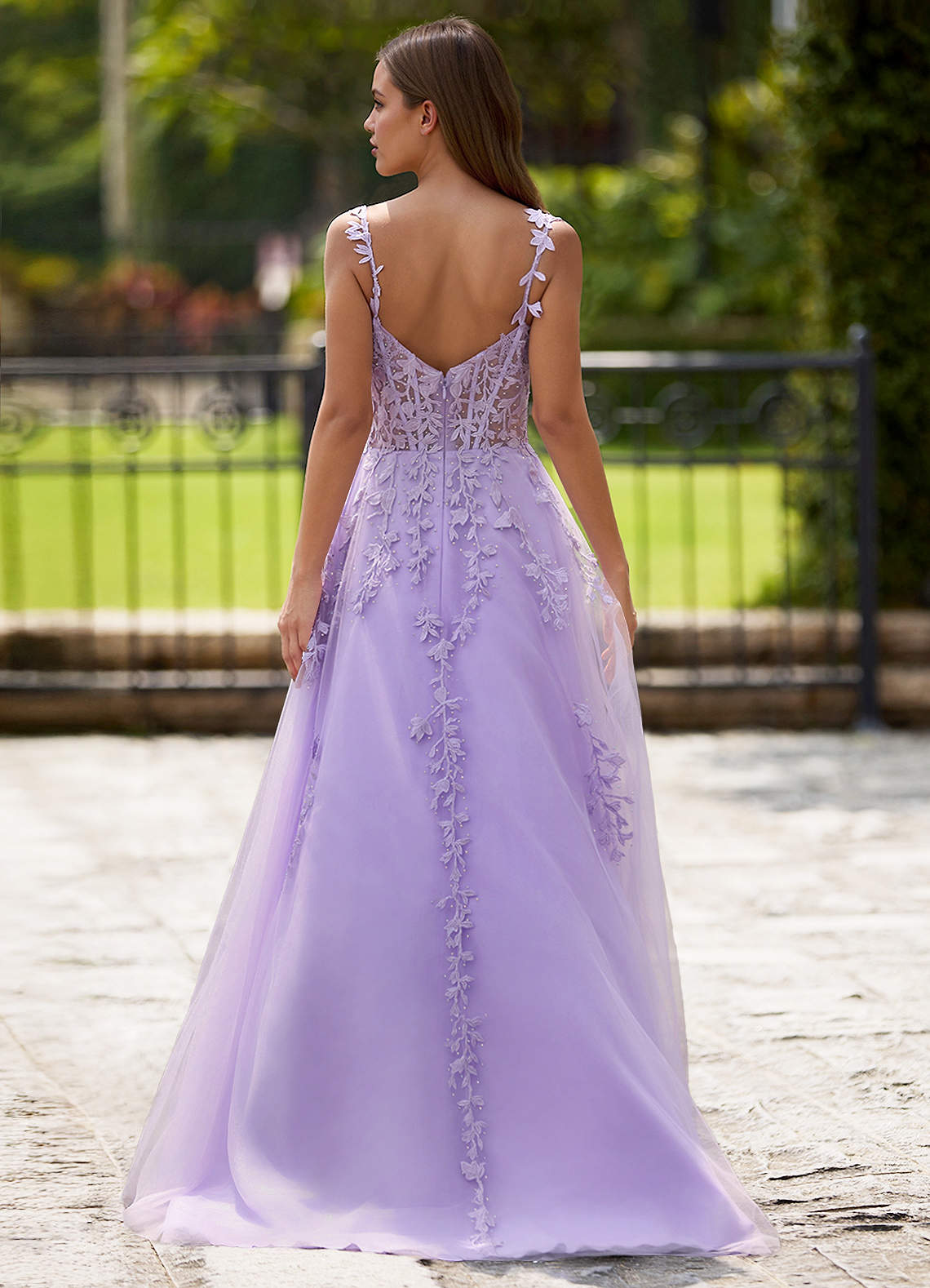 Azazie Purple Lace Rhinestones V Neck Formal Dress