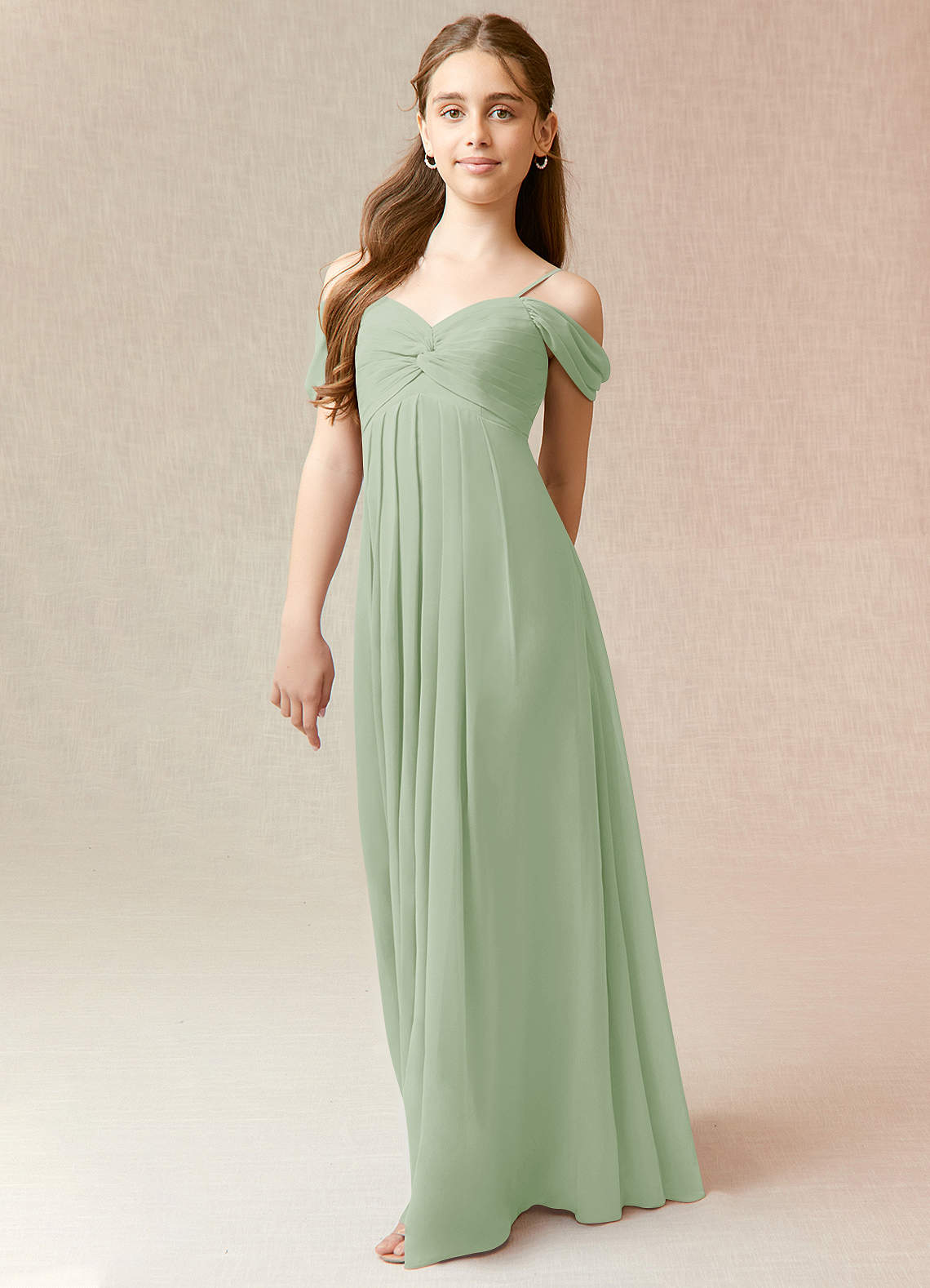 Azazie Kaitlynn Junior Dusty Sage A-Line Off the Shoulder Chiffon Dress image1