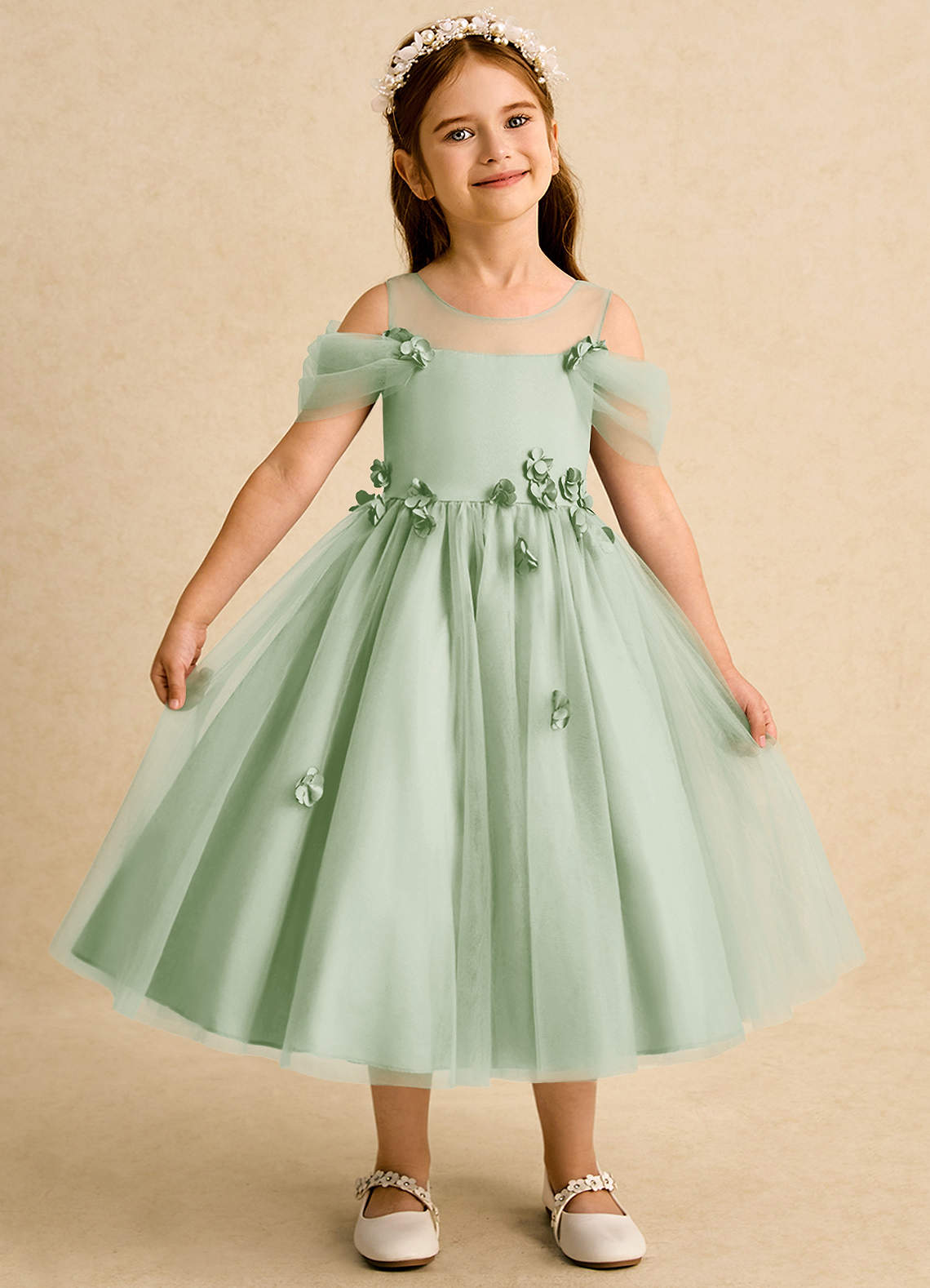 Azazie Juni Flower Girl Dresses Dusty Sage Ball-Gown Pleated Tulle Dress image1