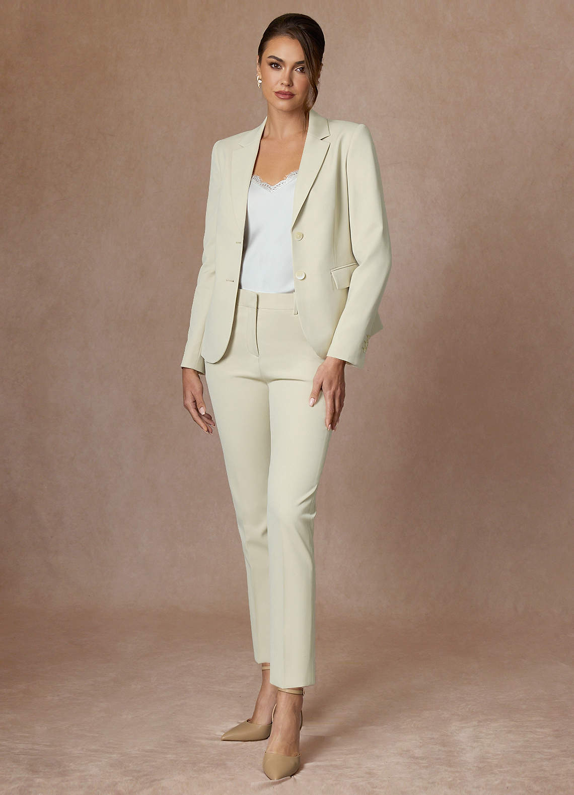 front Victoria Ivory Refined Weave Full Length Pants Suit