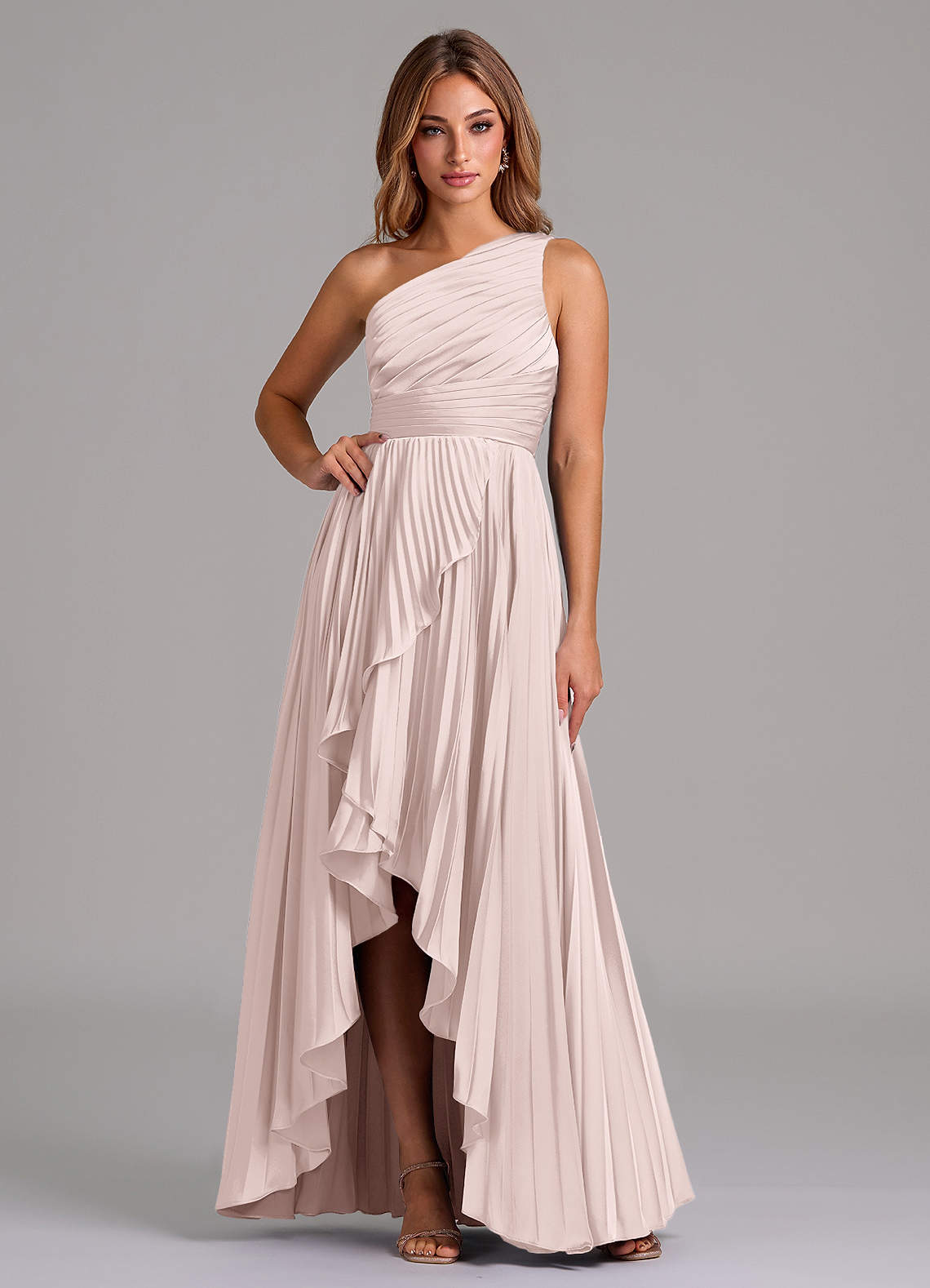 Azazie Lyrica Bridesmaid Dresses Blushing Pink A-Line One Shoulder Stretch Satin Dress image1