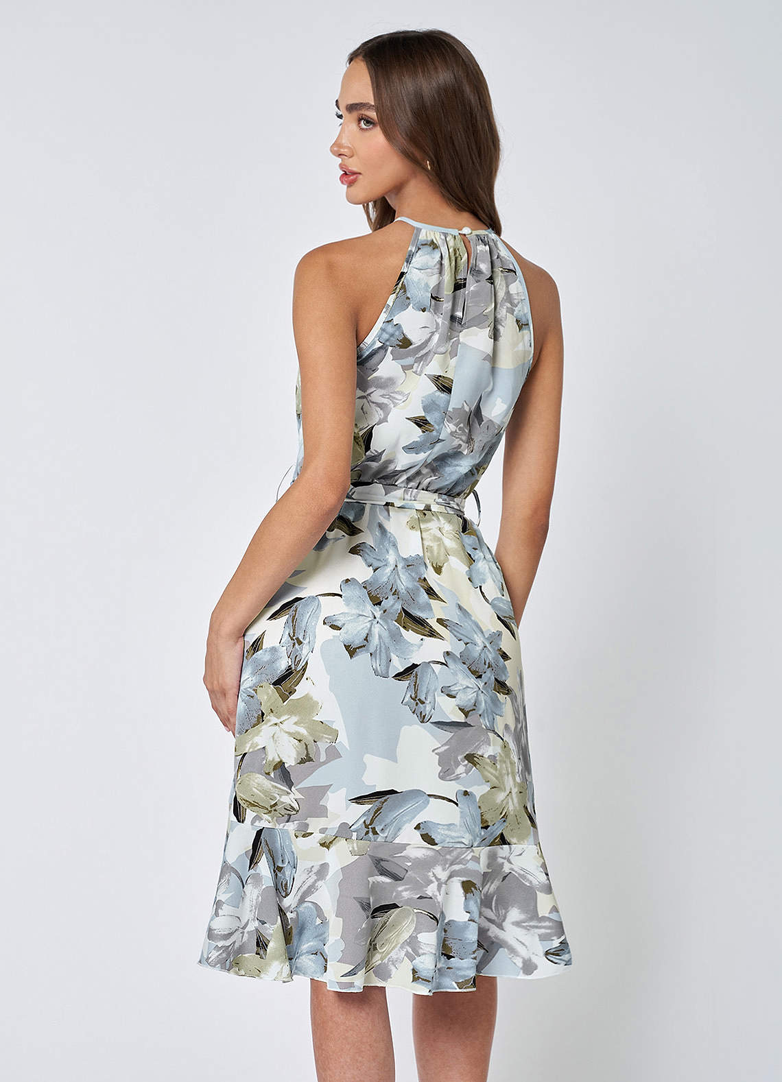 Sunny Bliss Light Blue Floral Print Halter Ruffled Midi Dress image1