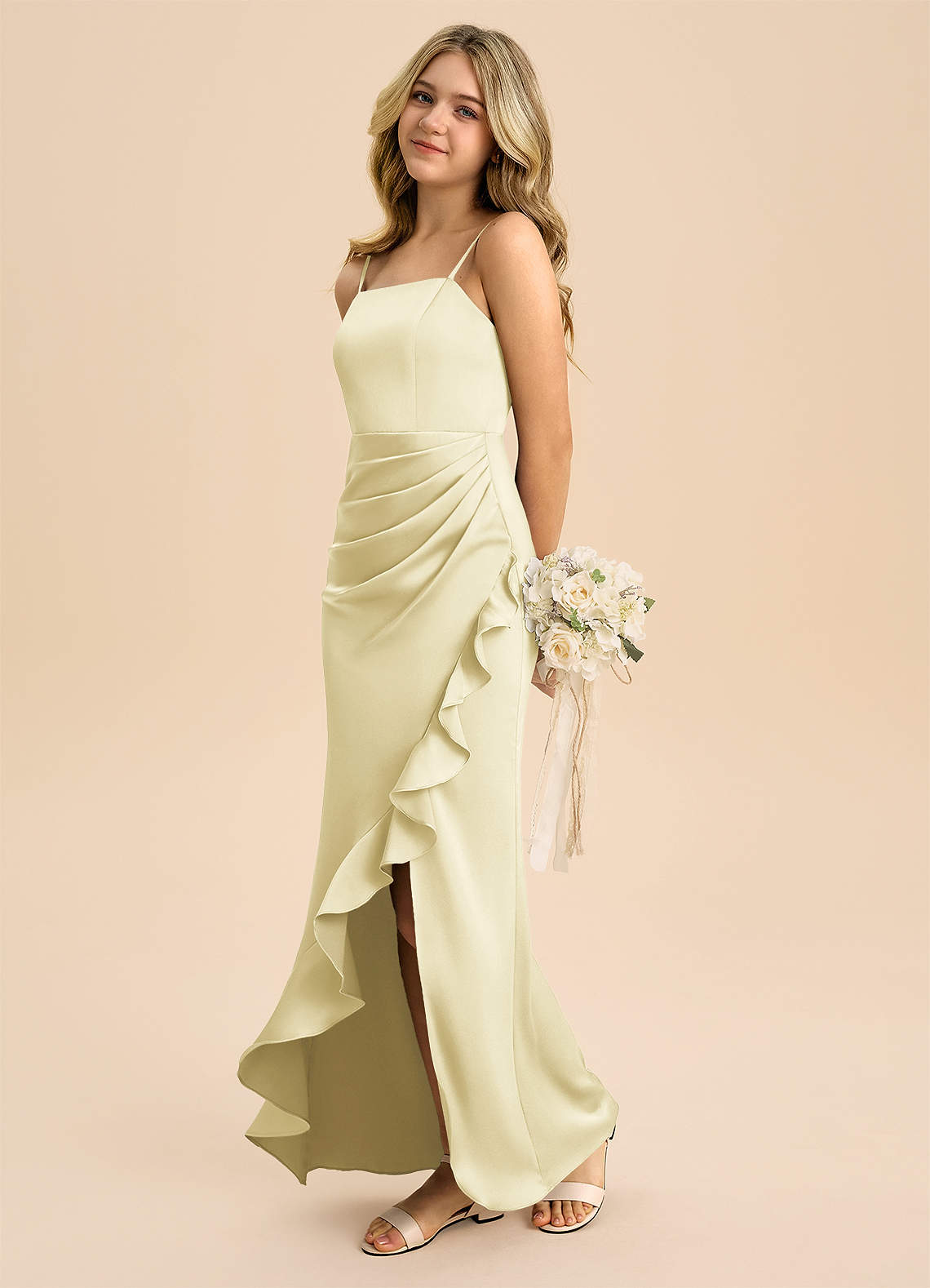 Azazie Buzzy Junior Lemon Sorbet Sheath Pleated Stretch Satin Dress image5
