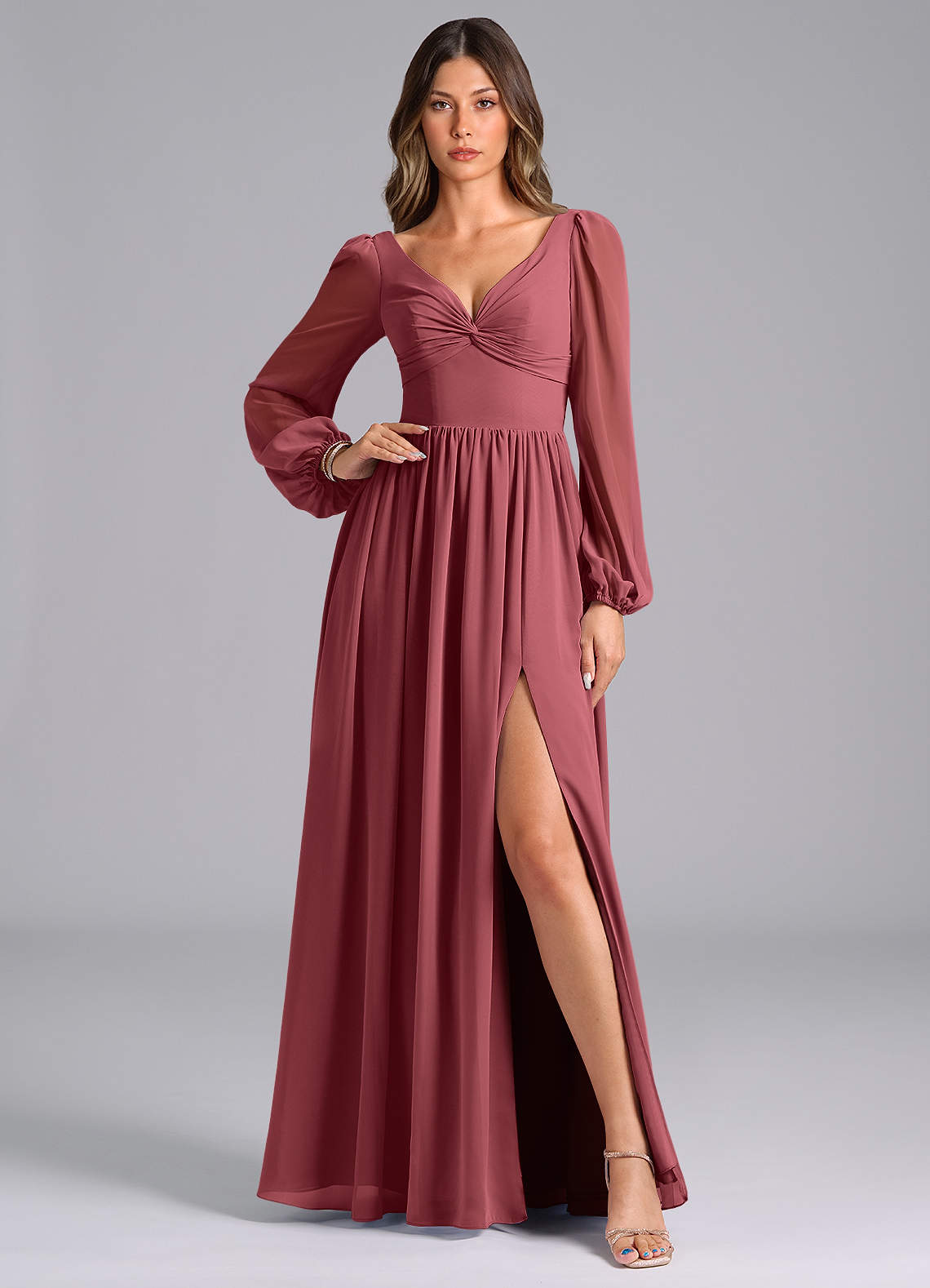 Azazie Zeya Bridesmaid Dresses Merlot A-Line Long Sleeve Chiffon Dress image1